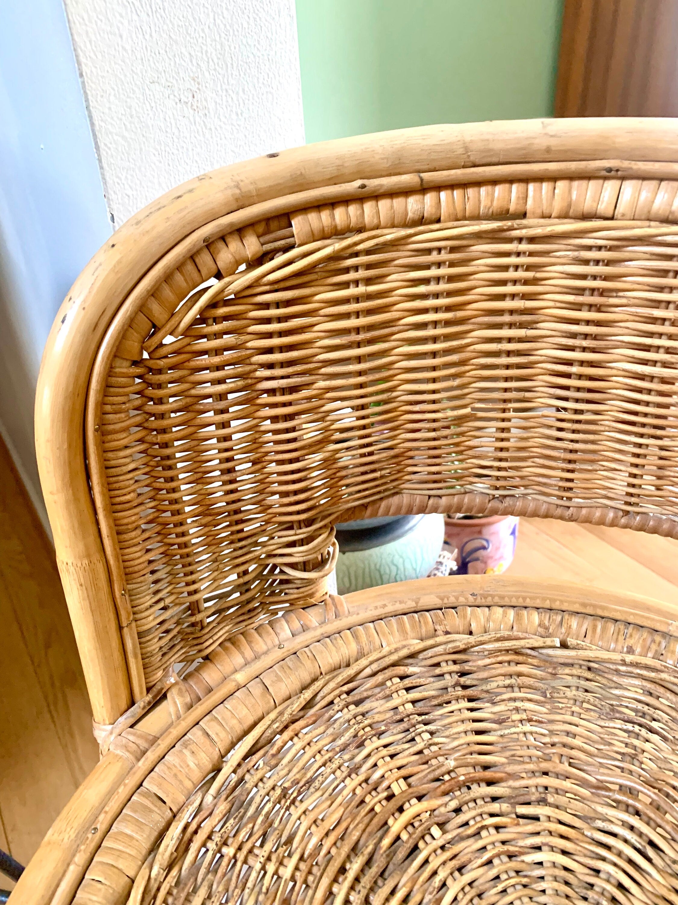 Pair of Mid Century Rattan Bar Stools | Danish Modern Bohemian Swivel Bar Stools | Rustic Seating| Boho Wicker Counter Stools| Rustic Stools