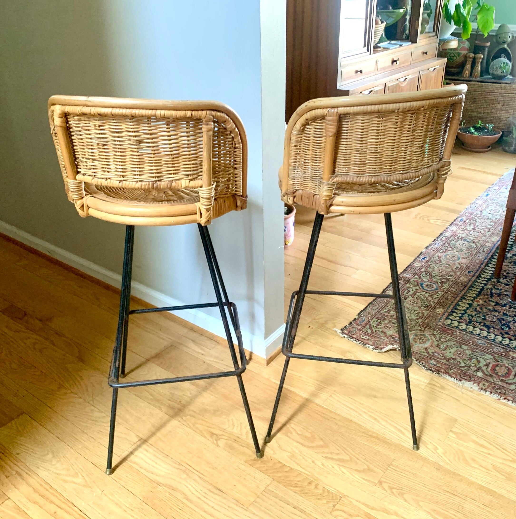 Pair of Mid Century Rattan Bar Stools | Danish Modern Bohemian Swivel Bar Stools | Rustic Seating| Boho Wicker Counter Stools| Rustic Stools