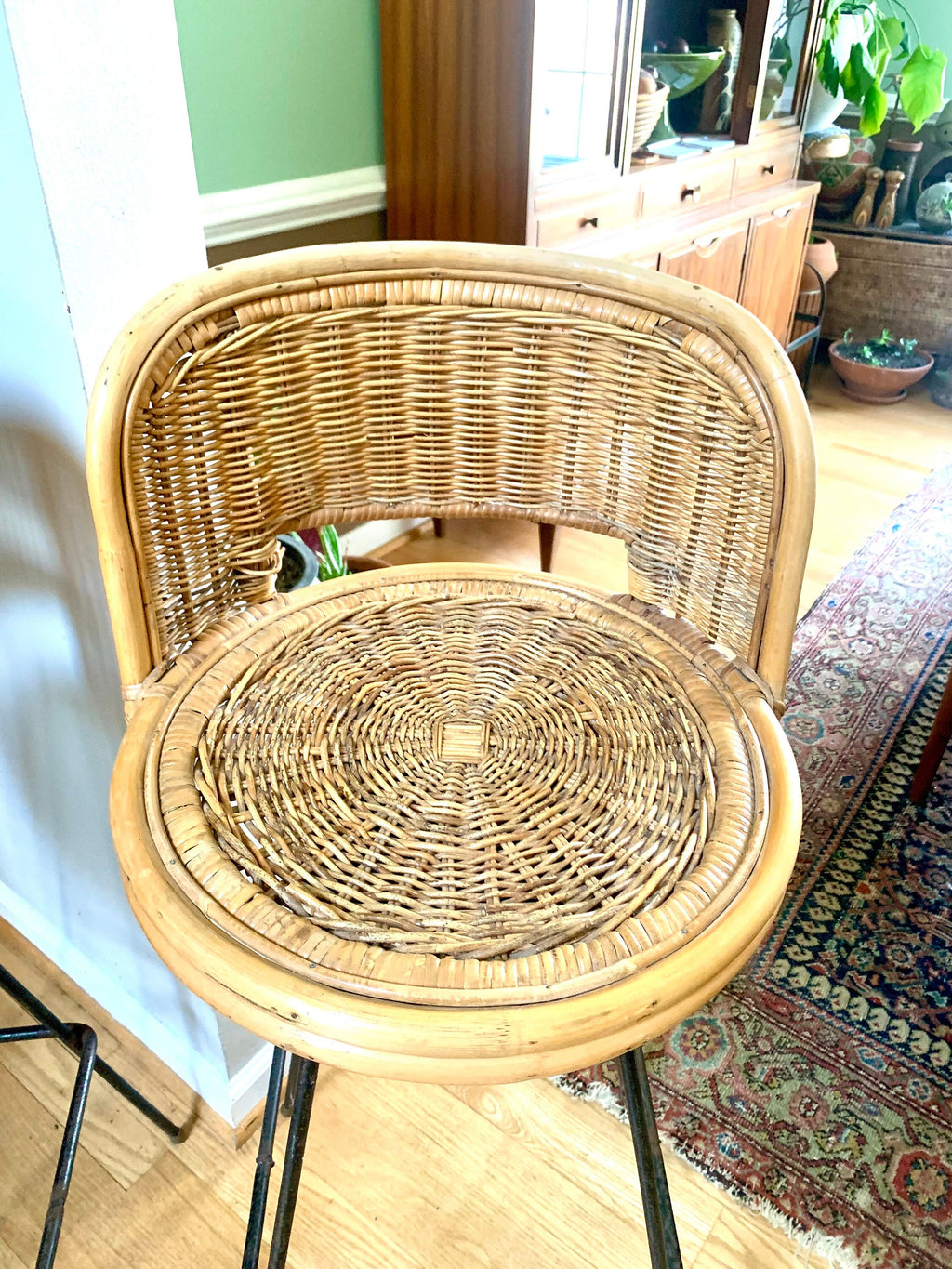 Pair of Mid Century Rattan Bar Stools | Danish Modern Bohemian Swivel Bar Stools | Rustic Seating| Boho Wicker Counter Stools| Rustic Stools