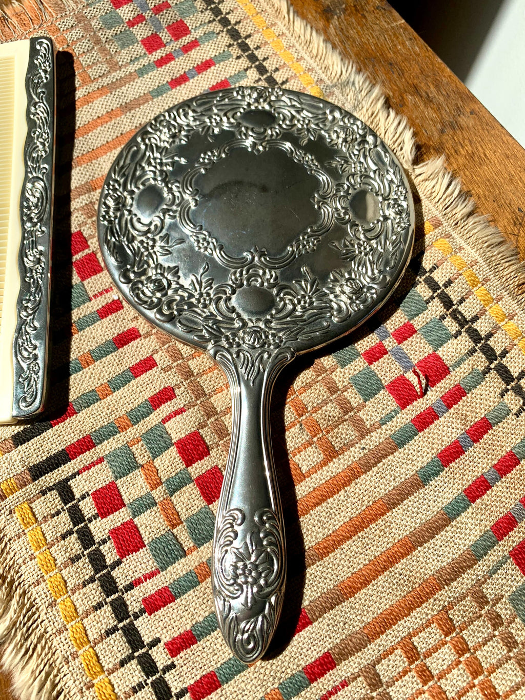 Silver Plated Vanity Mirror and Comb | Ornate Silver Vanity Mirror and Comb | Ornate Hand Mirror | Silver Plated Vanity Set