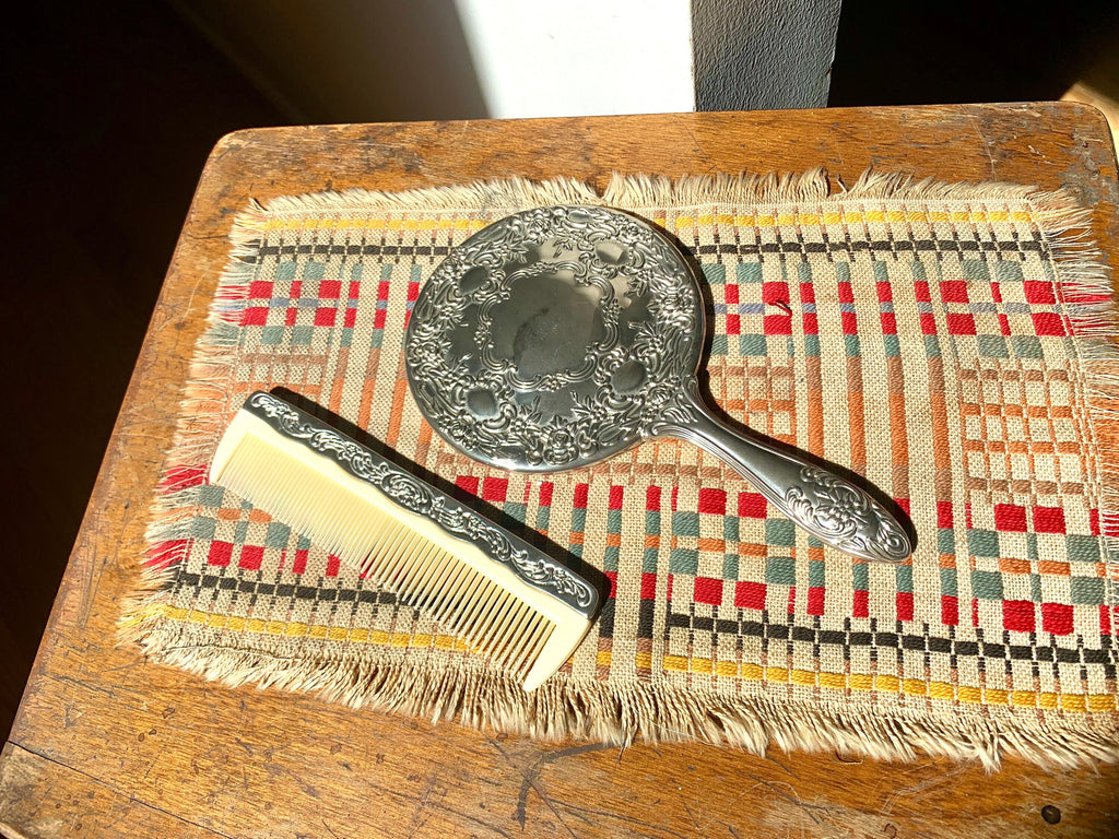 Silver Plated Vanity Mirror and Comb | Ornate Silver Vanity Mirror and Comb | Ornate Hand Mirror | Silver Plated Vanity Set