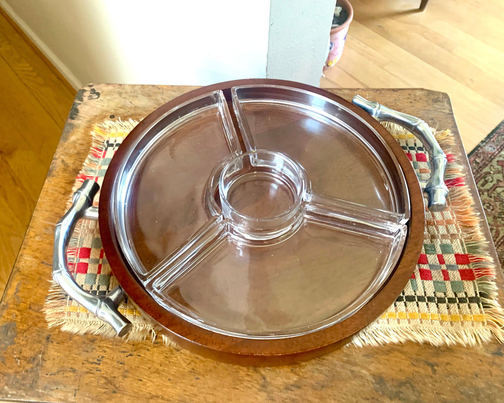 Vtg Atticus Serving Dish | Wood and Glass Divided Serving Tray | Metal Bamboo Designed Handle Serving Tray | MCM Serving Tray