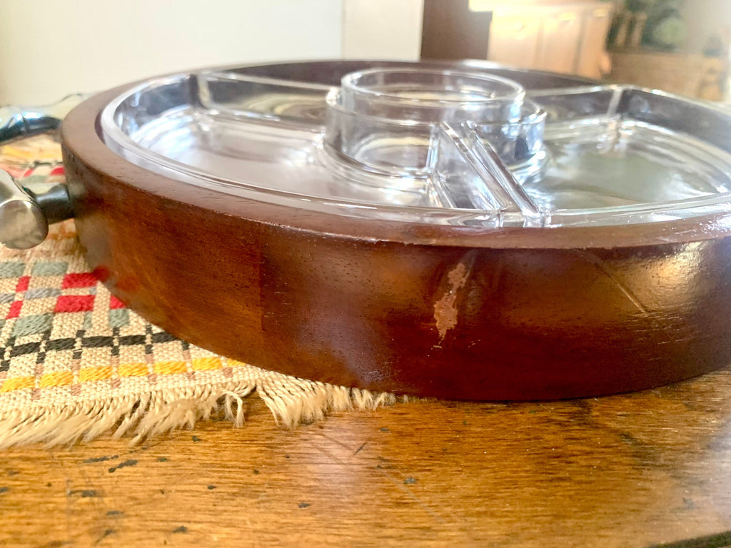 Vtg Atticus Serving Dish | Wood and Glass Divided Serving Tray | Metal Bamboo Designed Handle Serving Tray | MCM Serving Tray