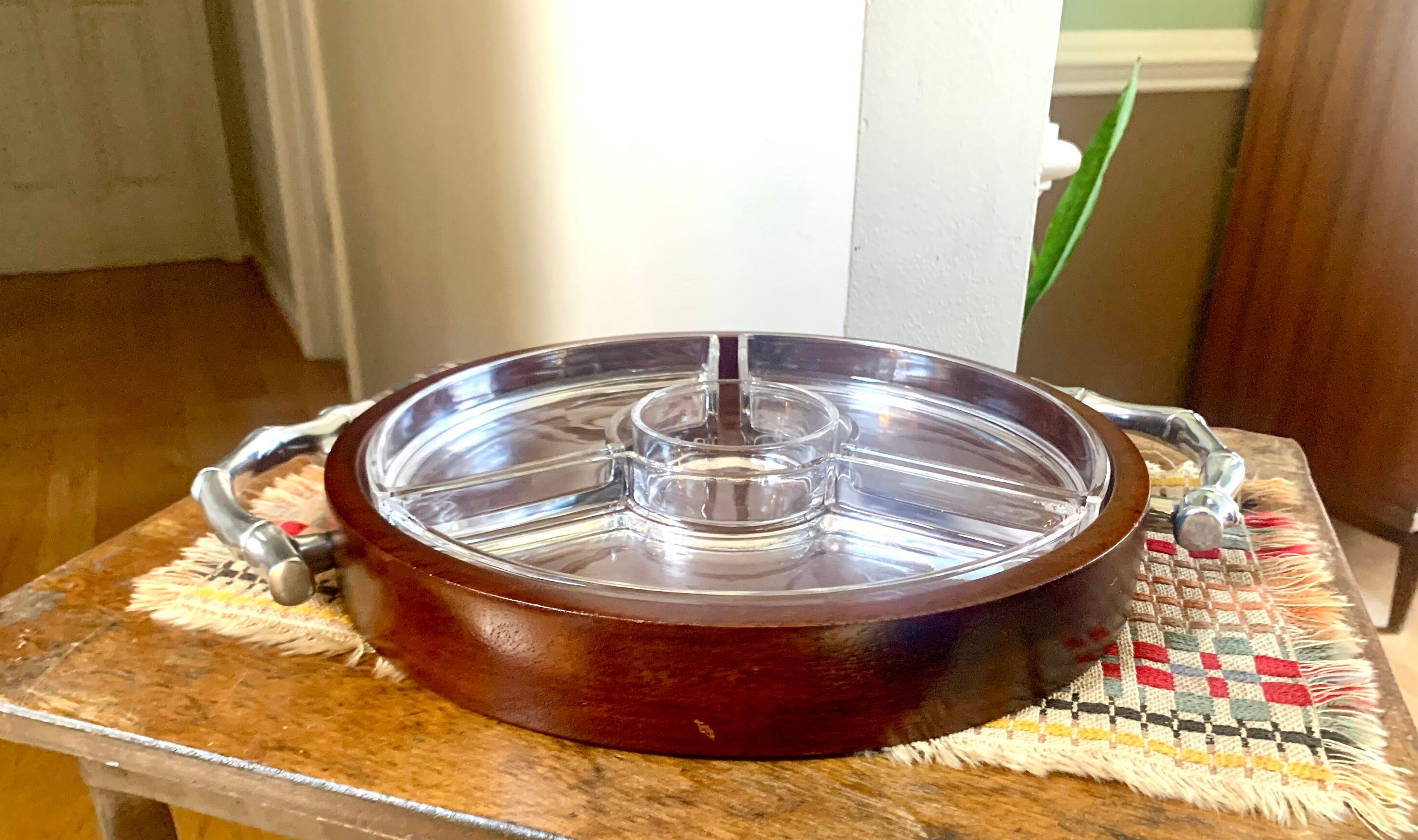 Vtg Atticus Serving Dish | Wood and Glass Divided Serving Tray | Metal Bamboo Designed Handle Serving Tray | MCM Serving Tray