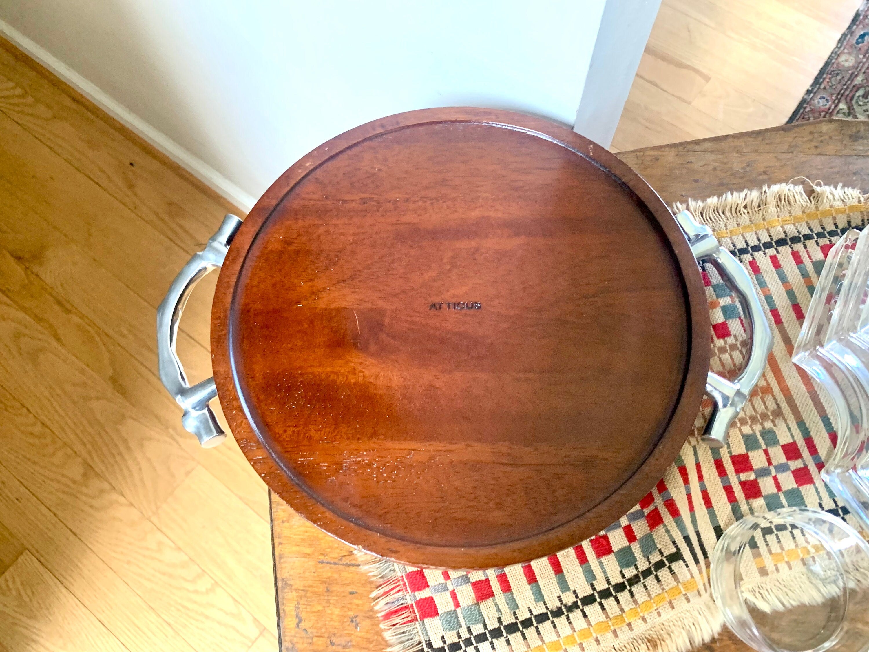 Vtg Atticus Serving Dish | Wood and Glass Divided Serving Tray | Metal Bamboo Designed Handle Serving Tray | MCM Serving Tray