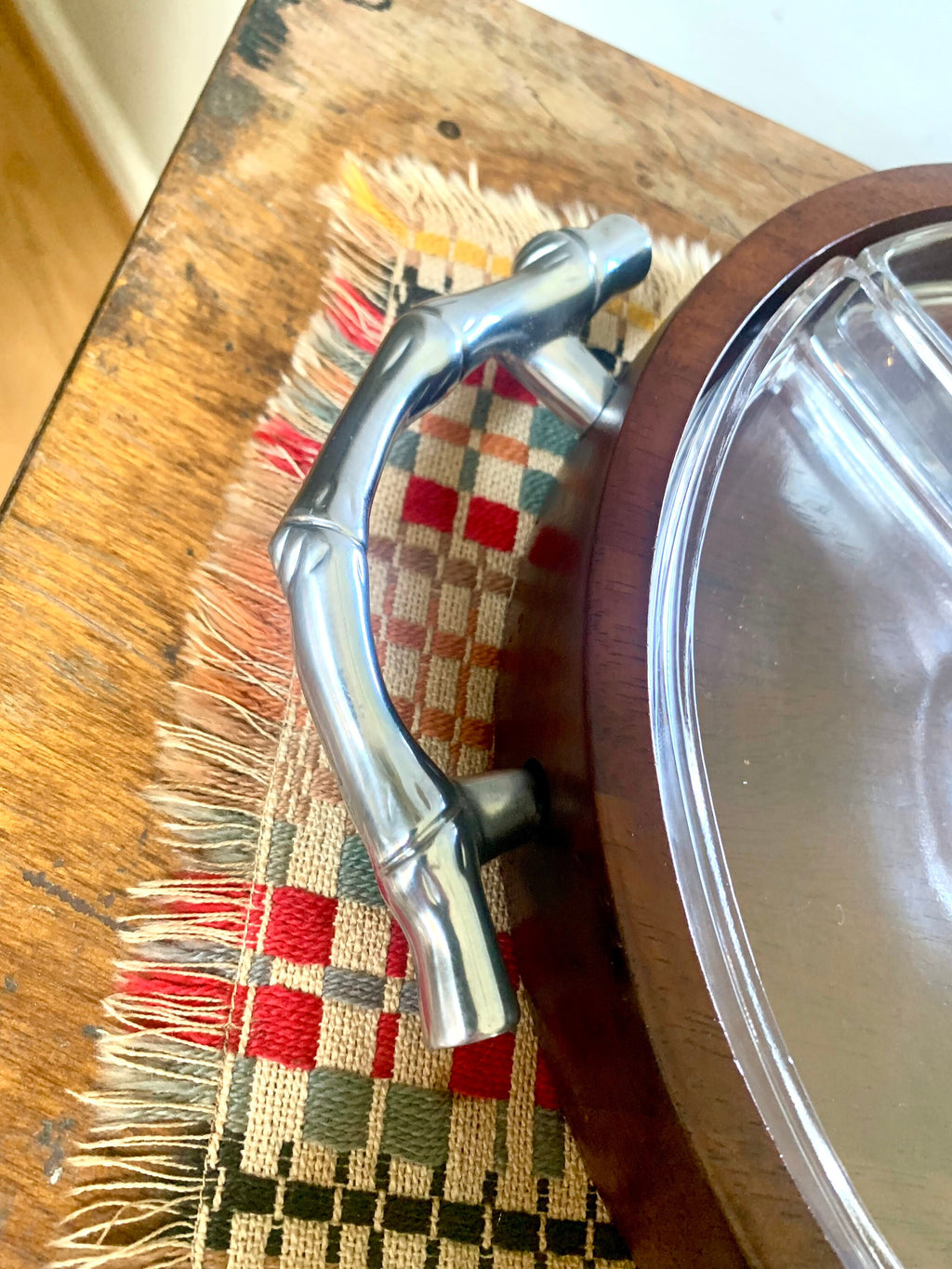 Vtg Atticus Serving Dish | Wood and Glass Divided Serving Tray | Metal Bamboo Designed Handle Serving Tray | MCM Serving Tray