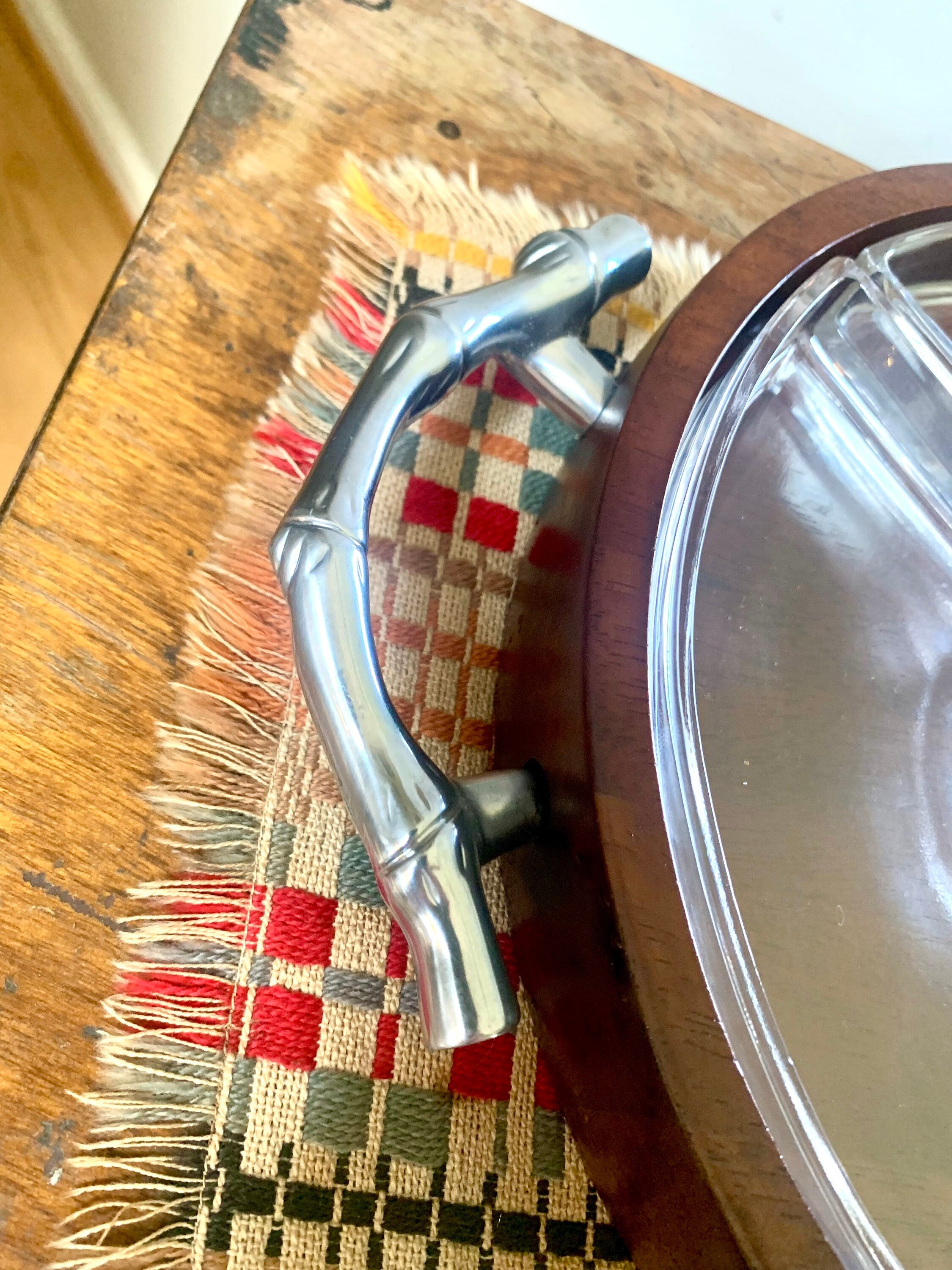 Vtg Atticus Serving Dish | Wood and Glass Divided Serving Tray | Metal Bamboo Designed Handle Serving Tray | MCM Serving Tray