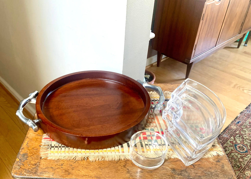 Vtg Atticus Serving Dish | Wood and Glass Divided Serving Tray | Metal Bamboo Designed Handle Serving Tray | MCM Serving Tray