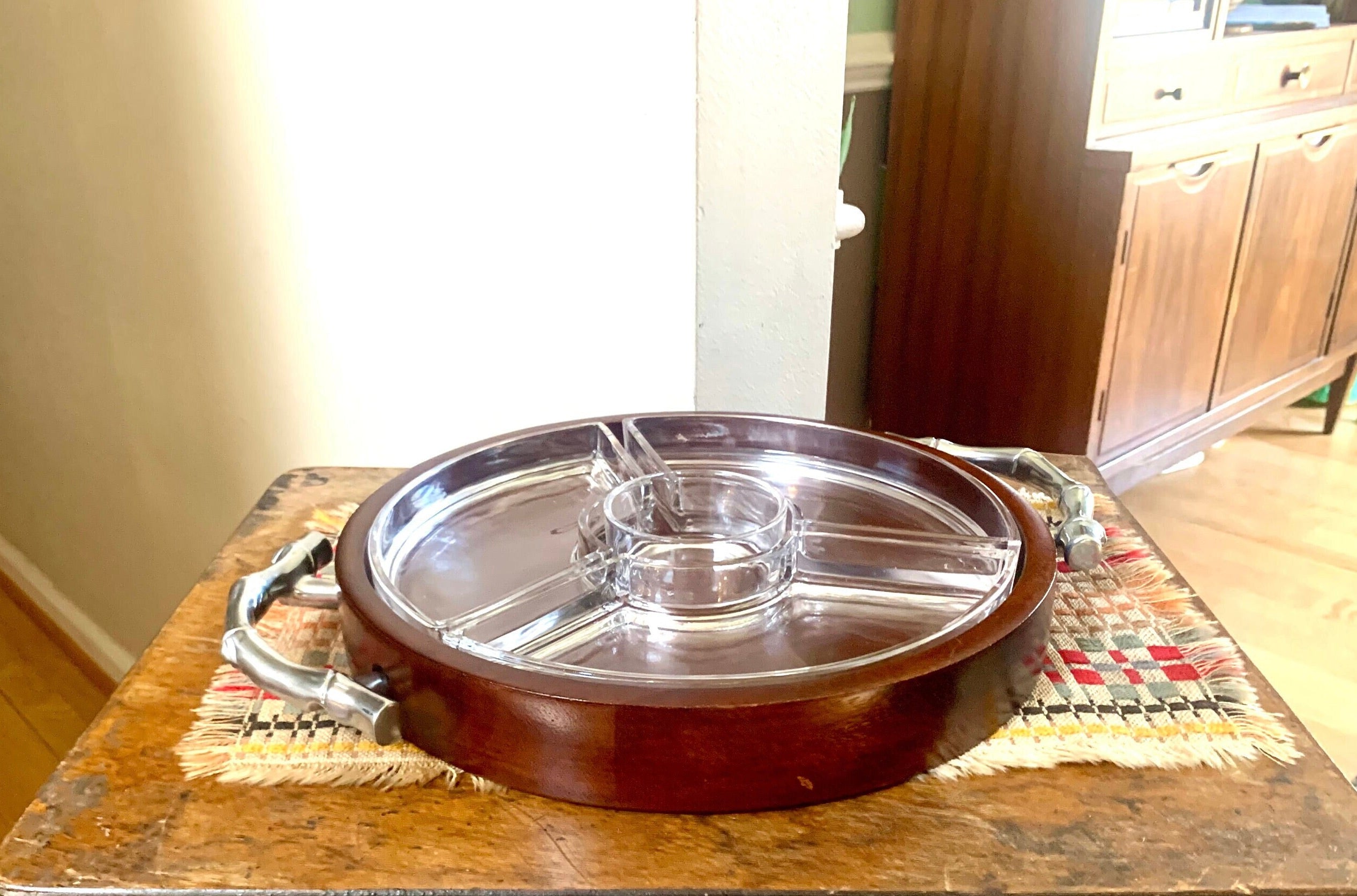 Vtg Atticus Serving Dish | Wood and Glass Divided Serving Tray | Metal Bamboo Designed Handle Serving Tray | MCM Serving Tray