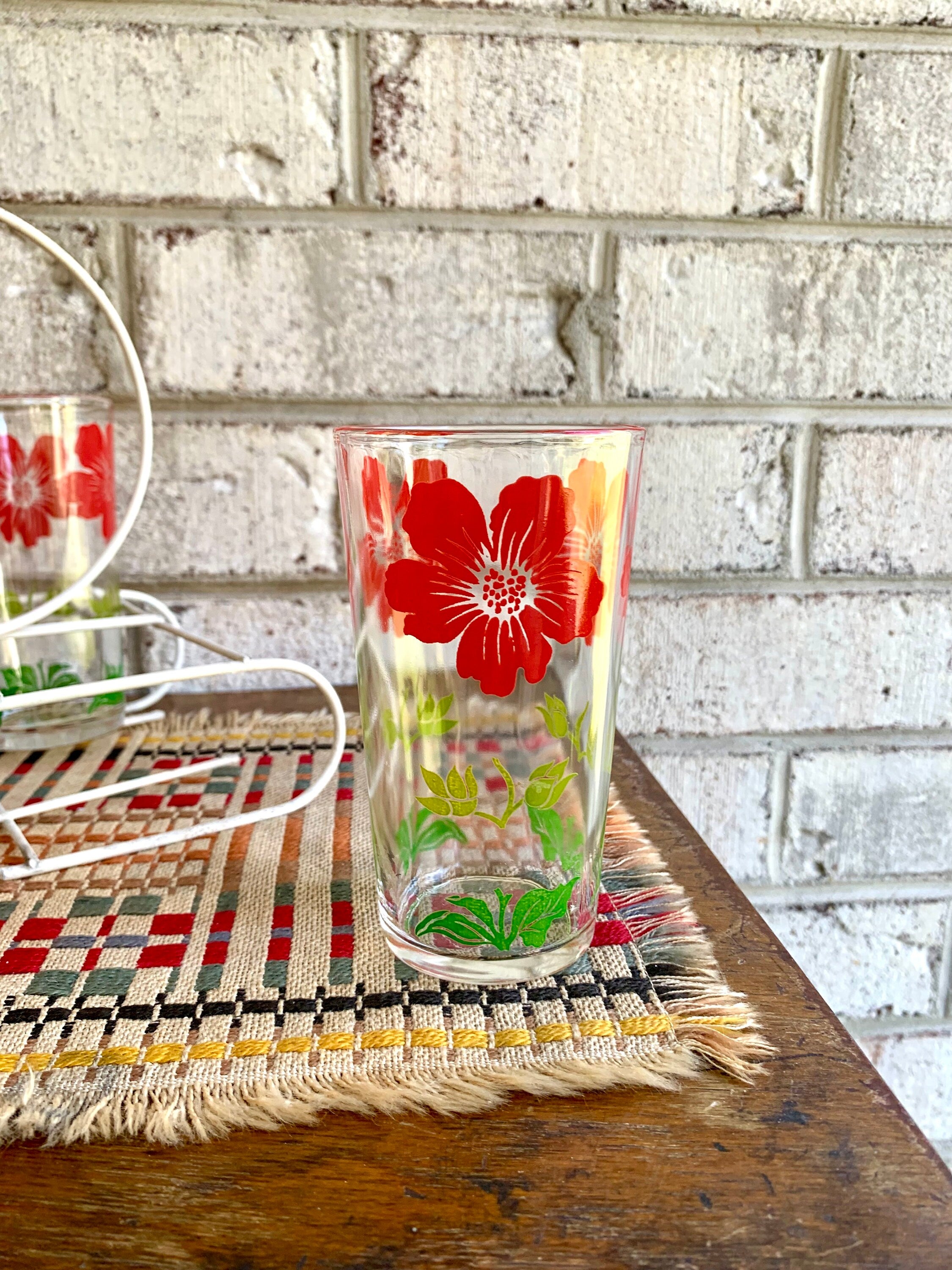 Vtg Set of 6 Floral Juice Glasses With Wire Caddy | Floral Drinking Glasses | 6 Juice Drinking Glasses | Wire Caddy with 6 Summer Glasses