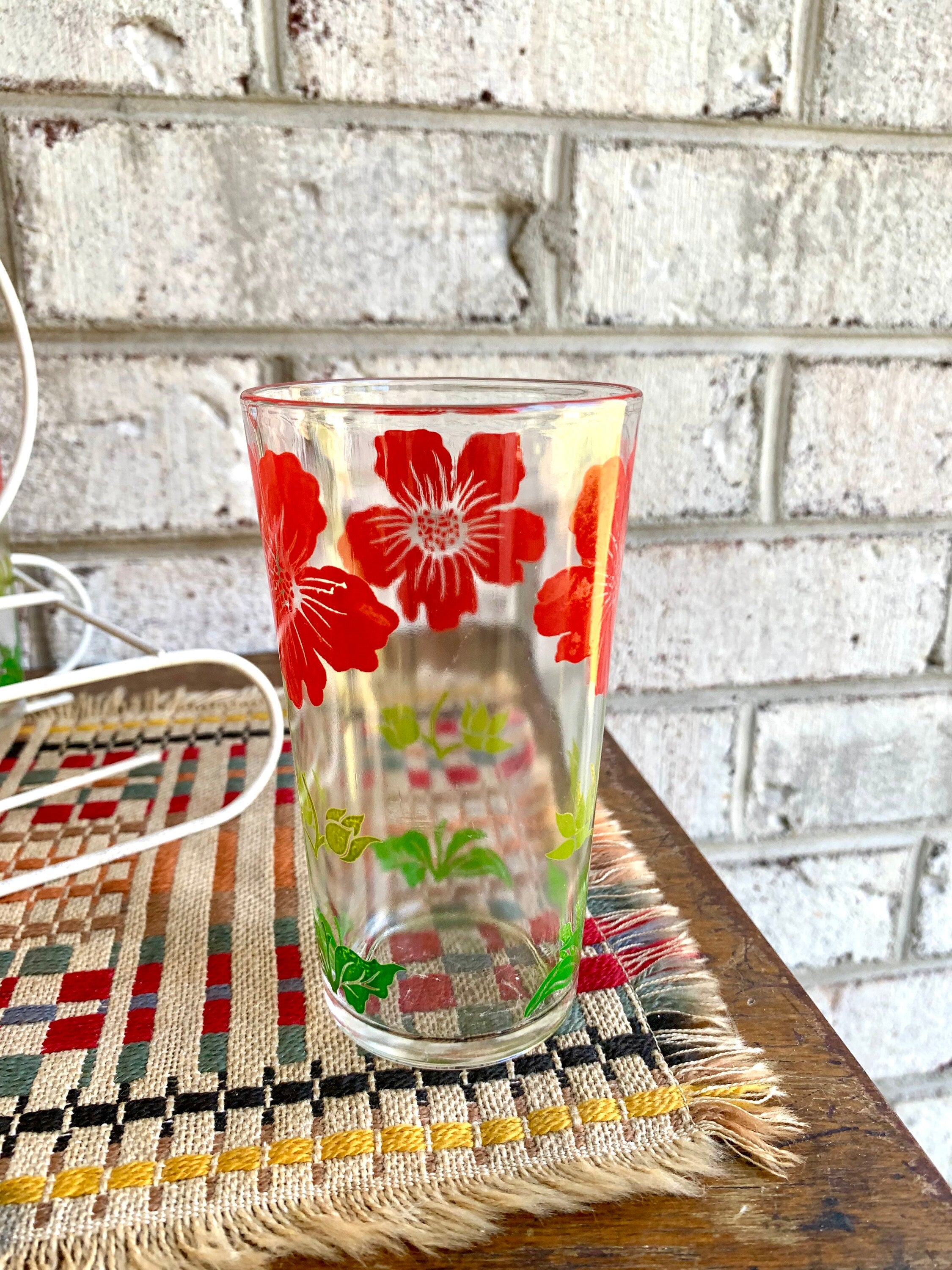 Vtg Set of 6 Floral Juice Glasses With Wire Caddy | Floral Drinking Glasses | 6 Juice Drinking Glasses | Wire Caddy with 6 Summer Glasses