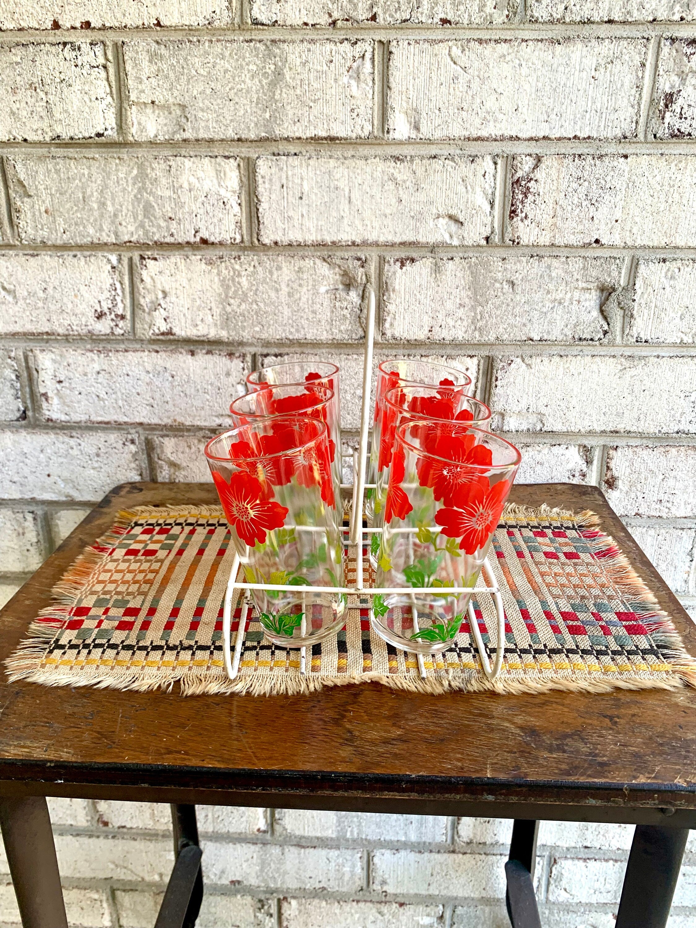 Vtg Set of 6 Floral Juice Glasses With Wire Caddy | Floral Drinking Glasses | 6 Juice Drinking Glasses | Wire Caddy with 6 Summer Glasses