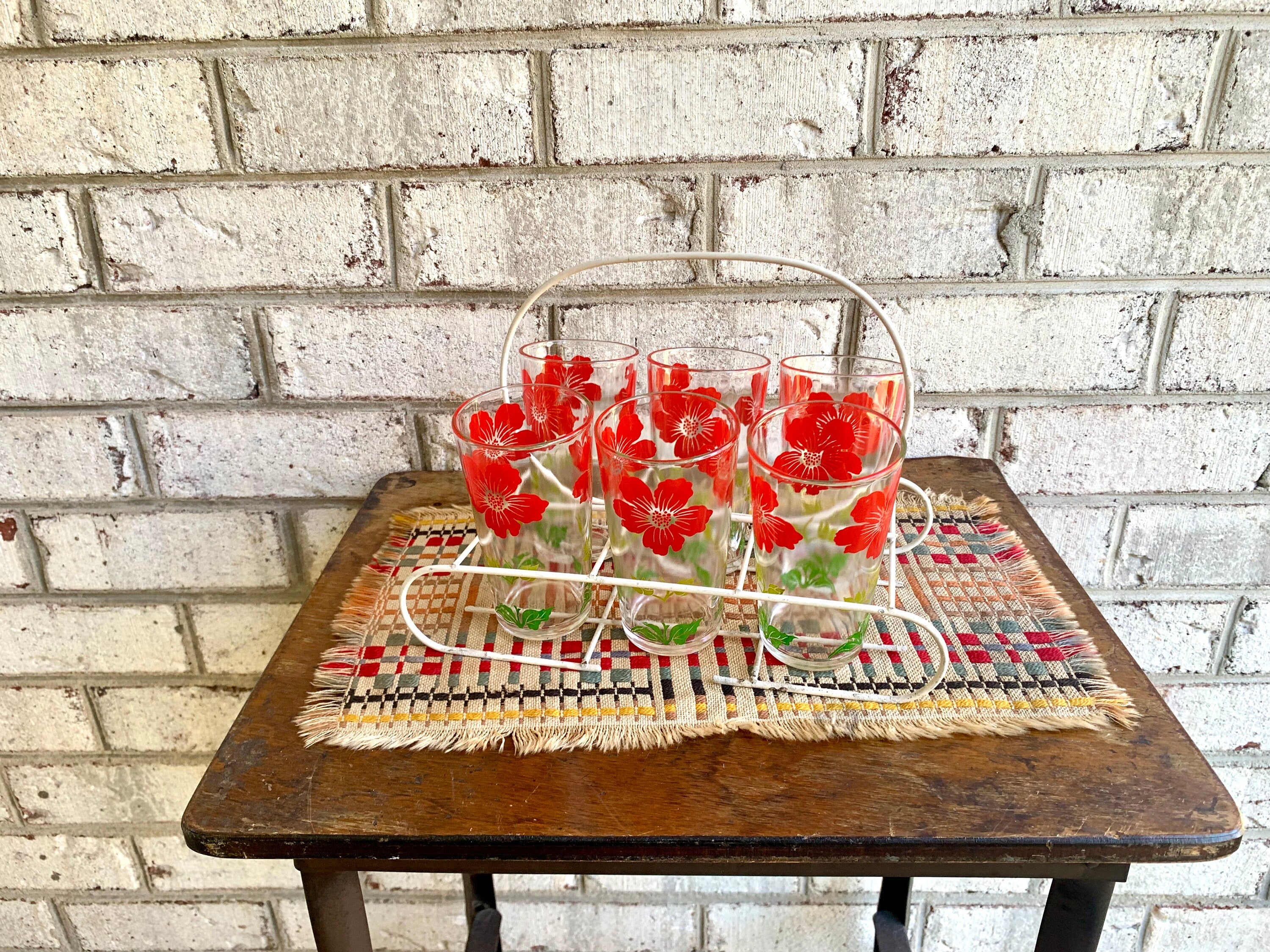 Vtg Set of 6 Floral Juice Glasses With Wire Caddy | Floral Drinking Glasses | 6 Juice Drinking Glasses | Wire Caddy with 6 Summer Glasses