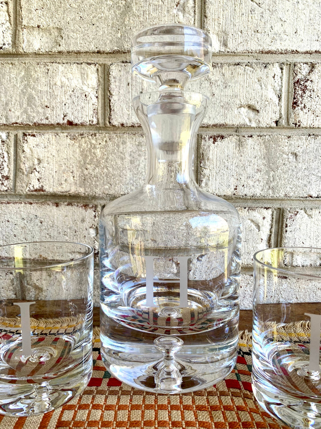 Vtg Ravescroft Crystal Bar Set | 4 Double Old Fashion Glasses and Decanter | Etched Letter "H" Bar Set | Bourbon Decanter and Glasses