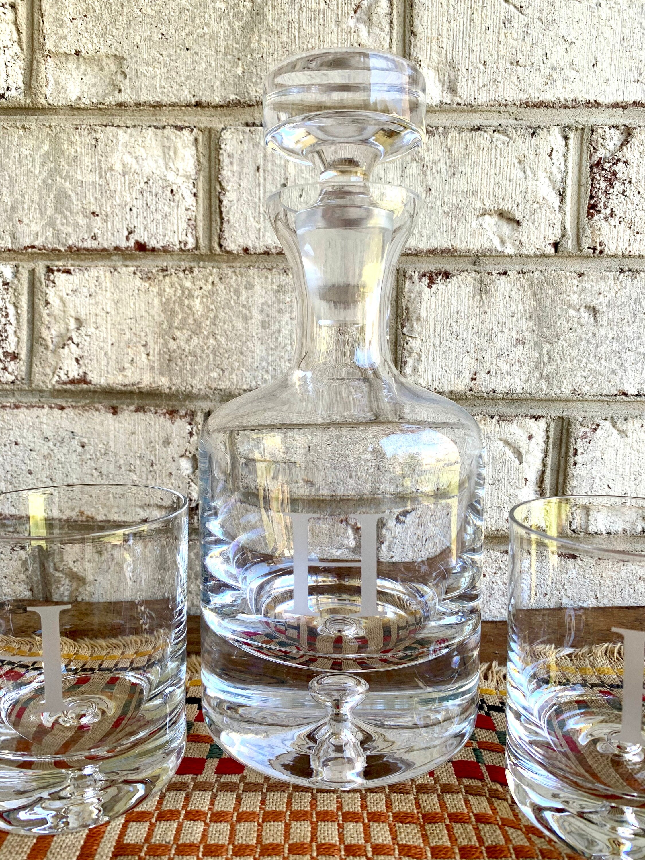 Vtg Ravescroft Crystal Bar Set | 4 Double Old Fashion Glasses and Decanter | Etched Letter "H" Bar Set | Bourbon Decanter and Glasses