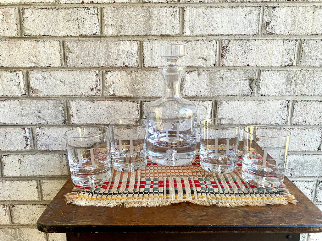 Vtg Ravescroft Crystal Bar Set | 4 Double Old Fashion Glasses and Decanter | Etched Letter "H" Bar Set | Bourbon Decanter and Glasses