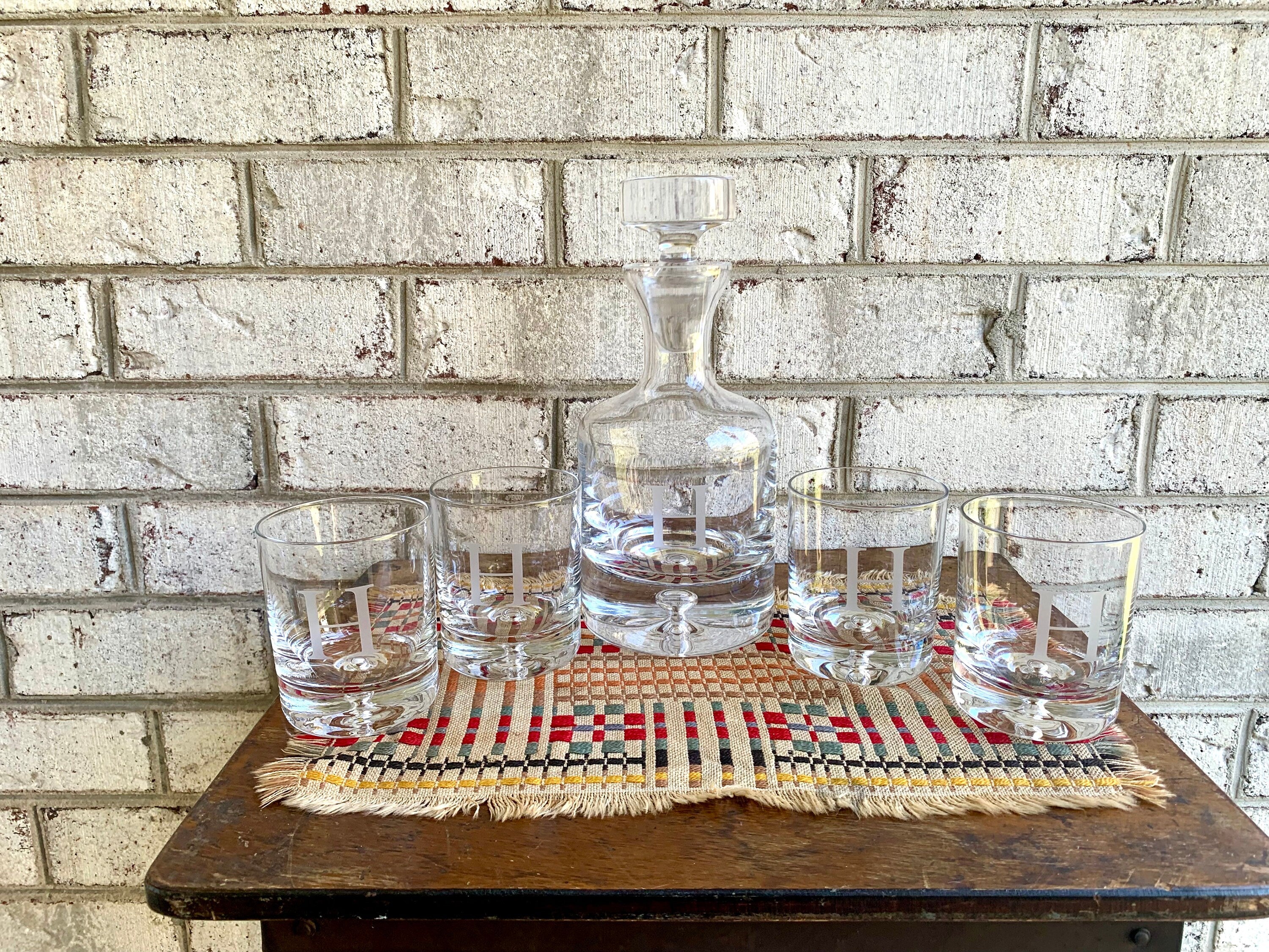 Vtg Ravescroft Crystal Bar Set | 4 Double Old Fashion Glasses and Decanter | Etched Letter "H" Bar Set | Bourbon Decanter and Glasses