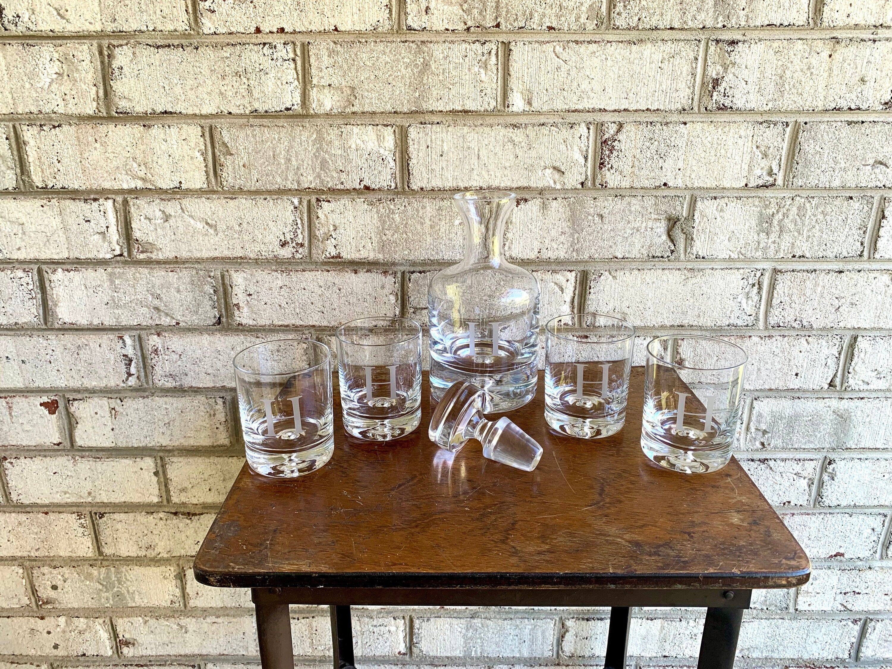 Vtg Ravescroft Crystal Bar Set | 4 Double Old Fashion Glasses and Decanter | Etched Letter "H" Bar Set | Bourbon Decanter and Glasses