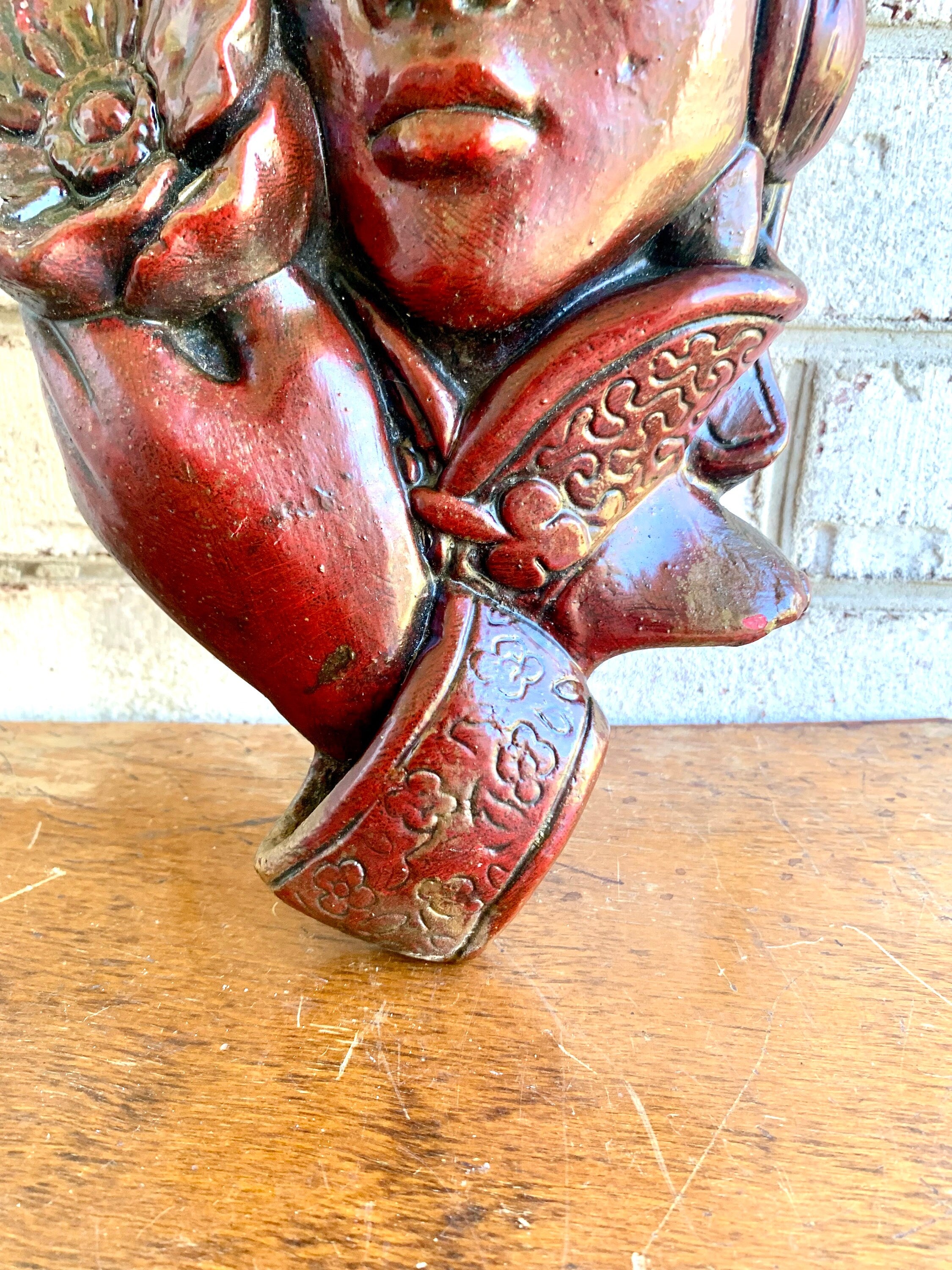 Large Japanese Geisha Wall Art | 16" Heavy Red Geisha Figurine Wall Hanging | Japanese Decor | Asian Geisha Figurine