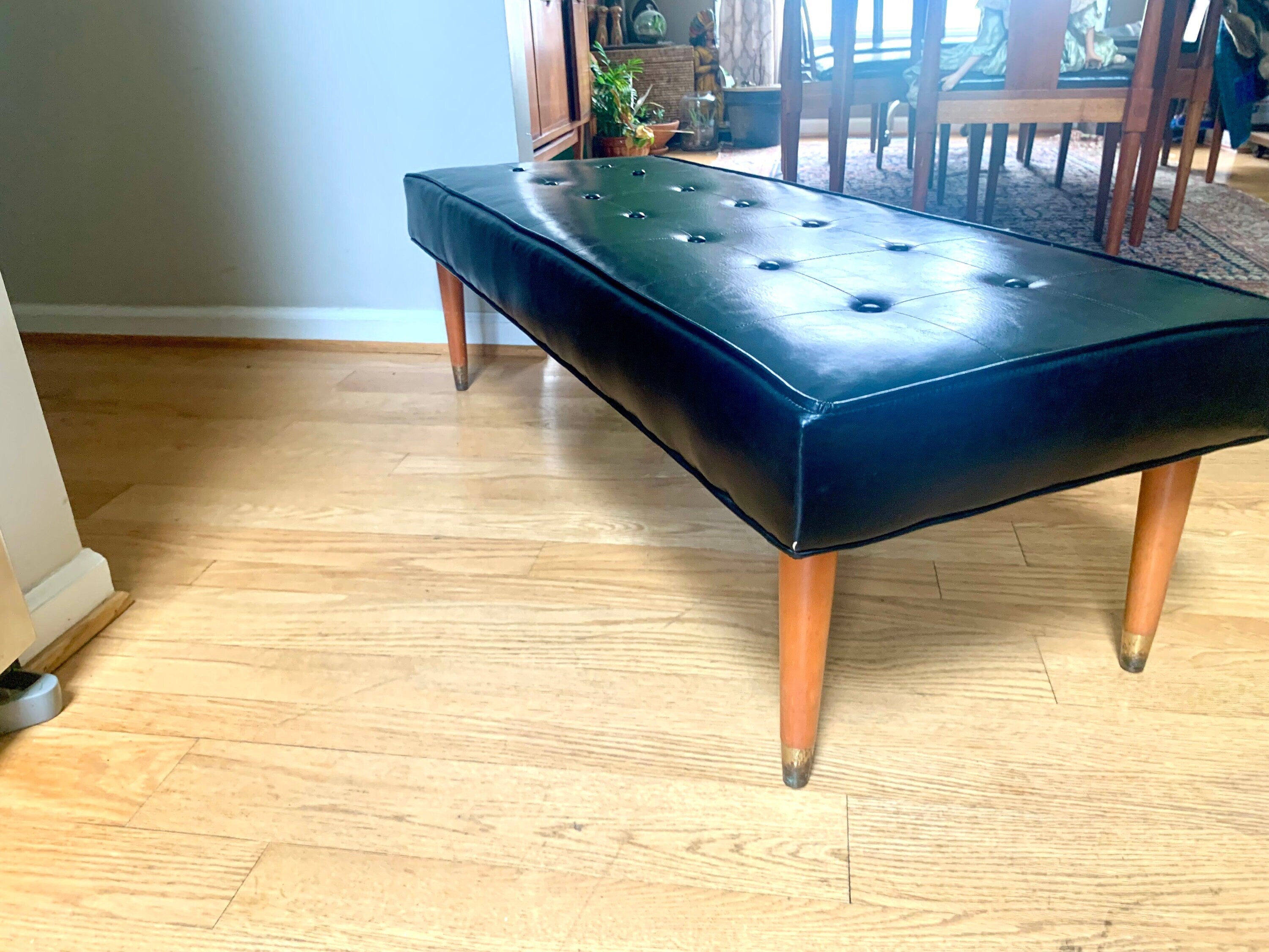 Vtg Original Herman Chairs Inc. Bench | Black MCM Vinyl Bench | Black Tufted Bench | Milo Baughman Style Bench | Unrestored MCM Bench
