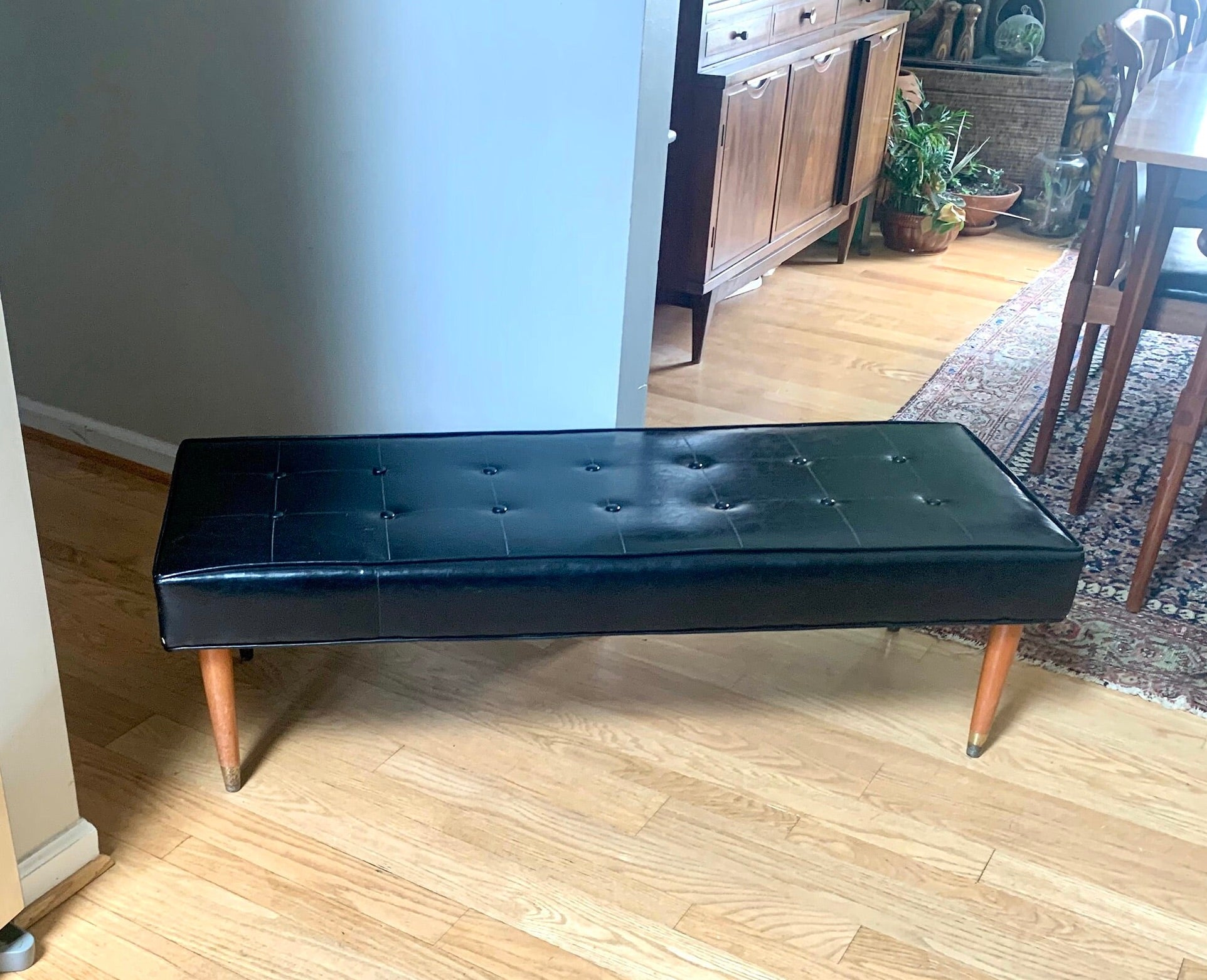 Vtg Original Herman Chairs Inc. Bench | Black MCM Vinyl Bench | Black Tufted Bench | Milo Baughman Style Bench | Unrestored MCM Bench