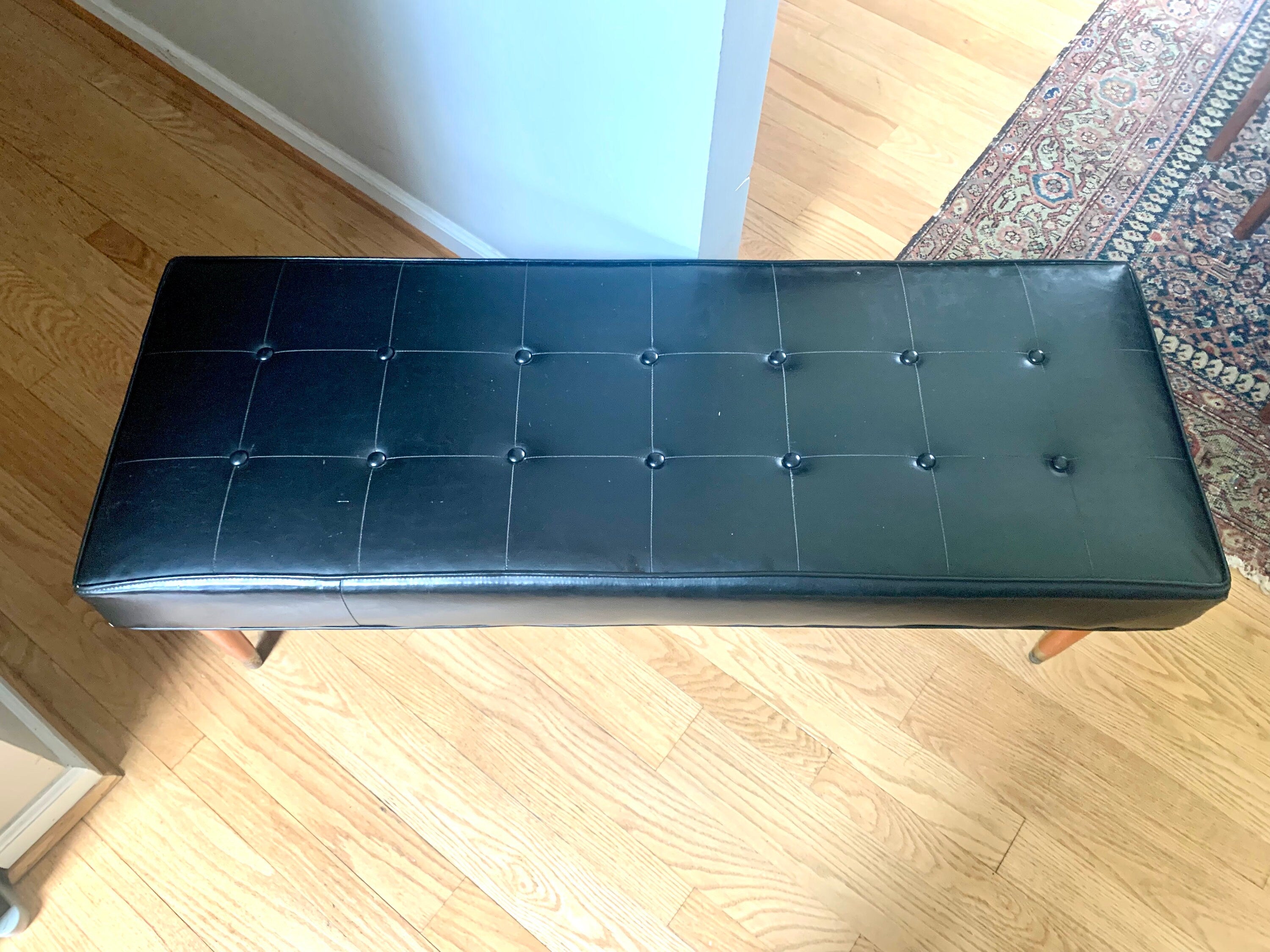 Vtg Original Herman Chairs Inc. Bench | Black MCM Vinyl Bench | Black Tufted Bench | Milo Baughman Style Bench | Unrestored MCM Bench