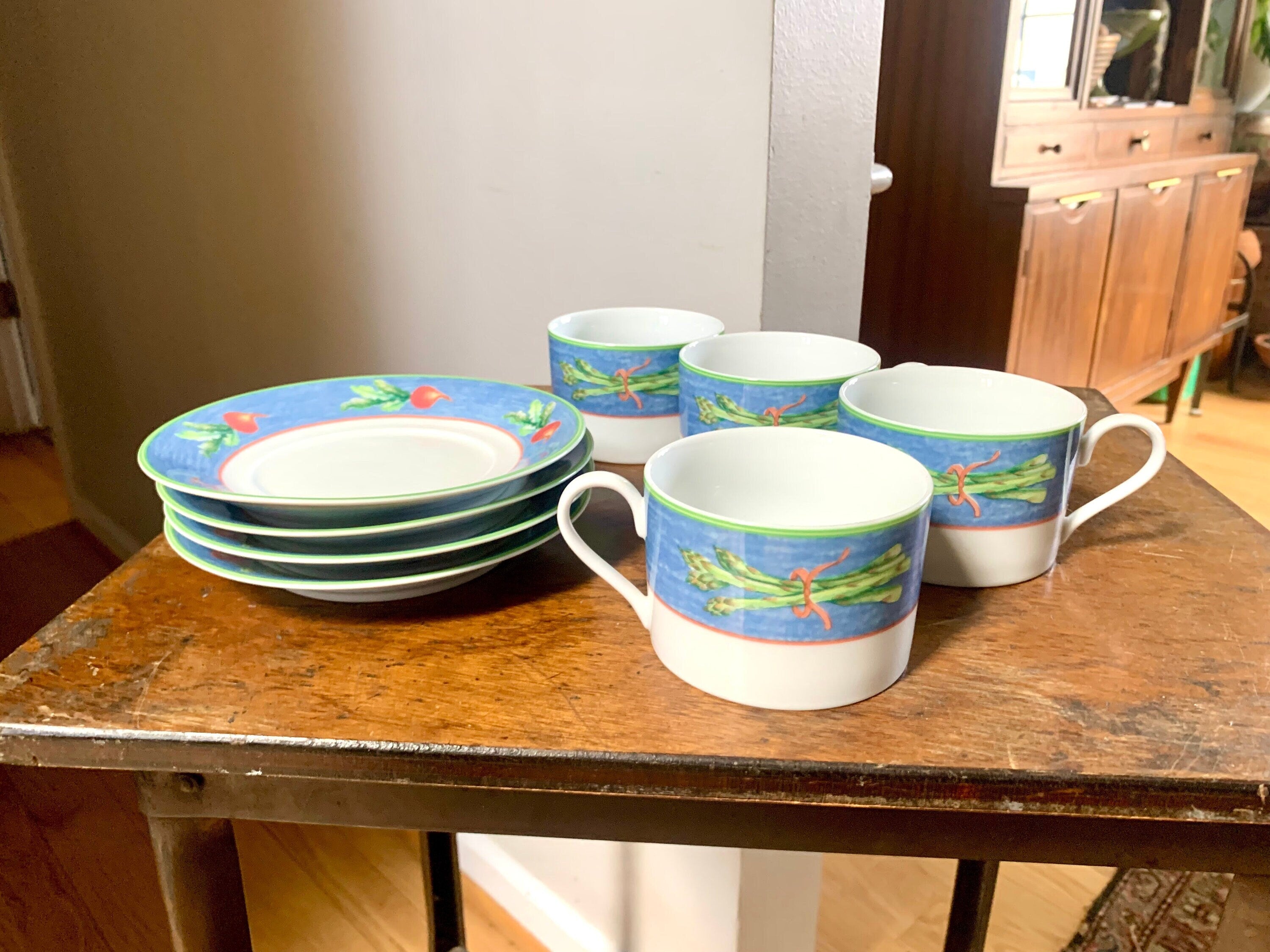 Vtg Mikasa Cup and Saucer Set | Asparagus Mikasa Cups and Saucers | Village Market Blue Mikasa China Set | Set Of 4 Mikasa Tea Set