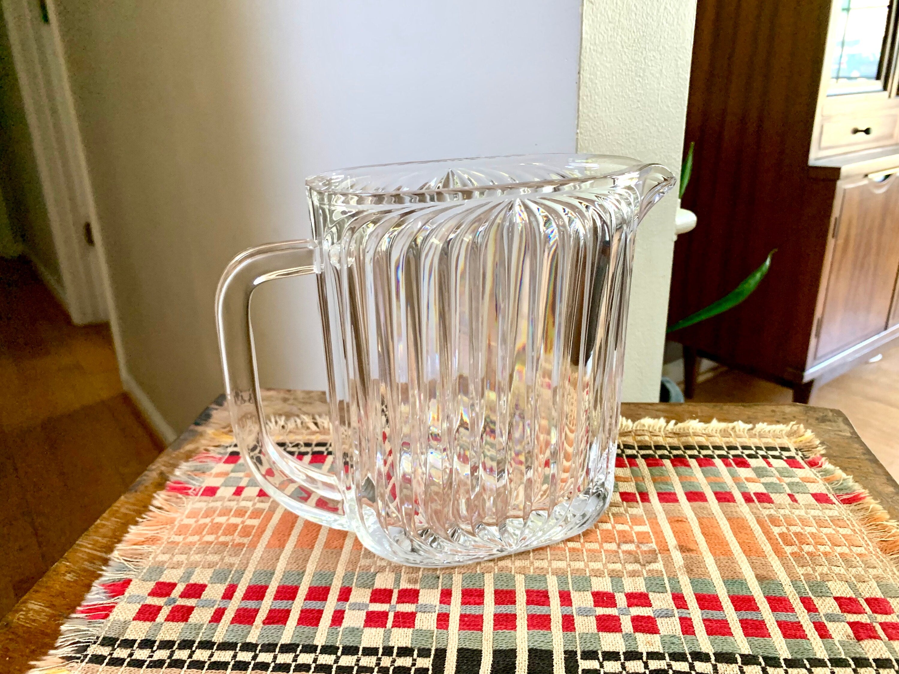 Vtg Cut Crystal Pitcher | Contemporary Crystal Pitcher | Ribbed Crystal Pitcher | MCM Barware | Bar Pitcher