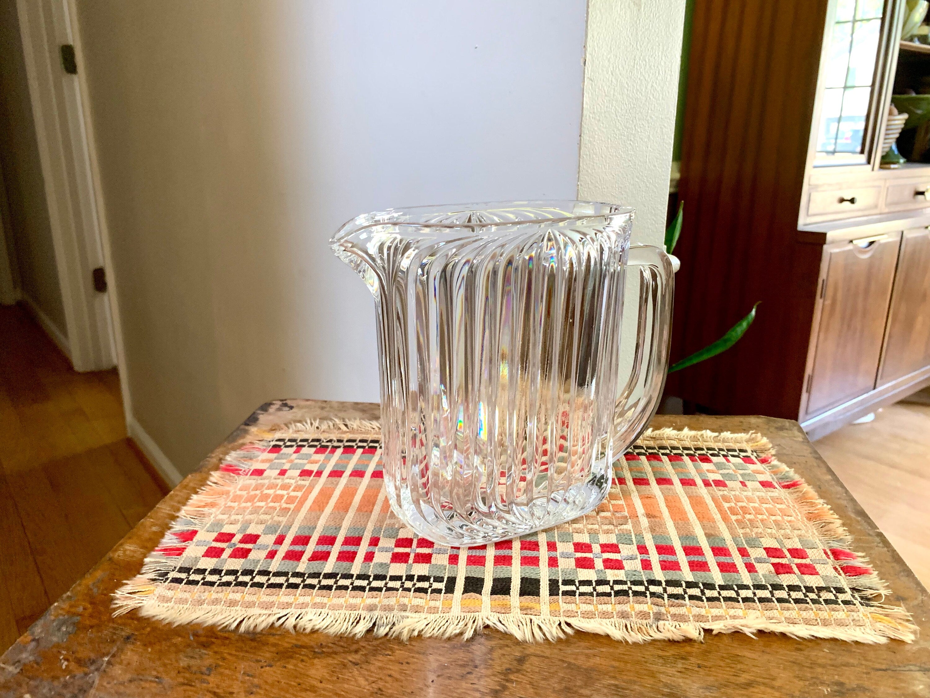 Vtg Cut Crystal Pitcher | Contemporary Crystal Pitcher | Ribbed Crystal Pitcher | MCM Barware | Bar Pitcher