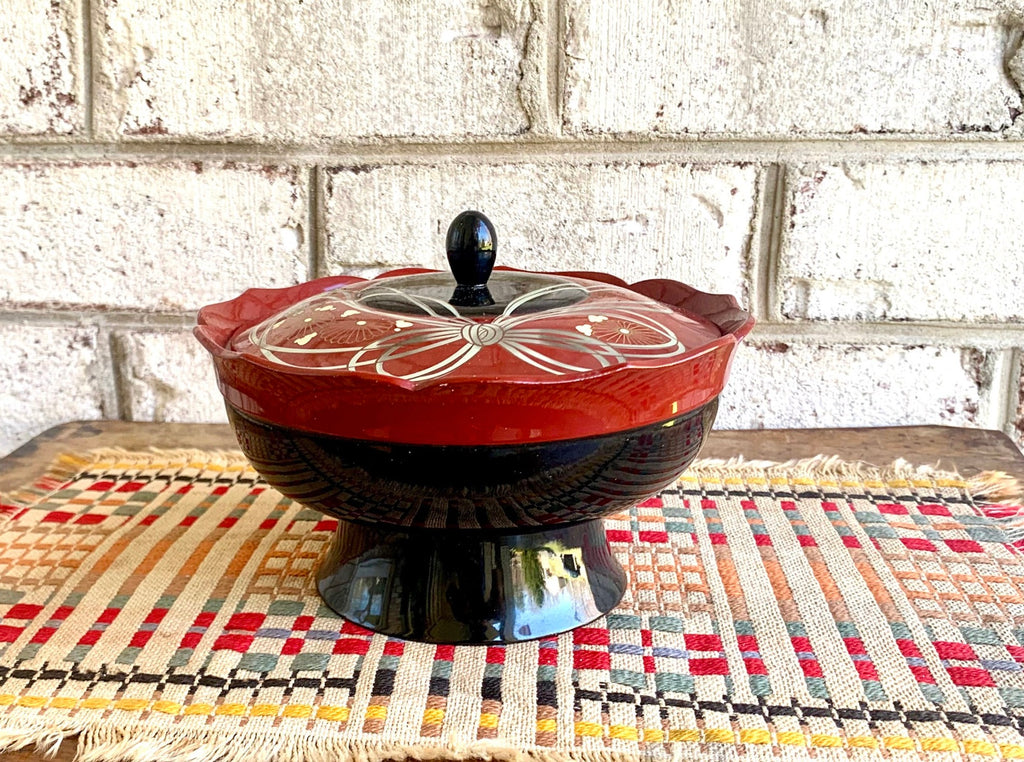 Vtg Musical Japanese Lacquered Dish | Music Box Cover Dish | Japan Lacquered Trinket Dish | Musical Japanese Lacquered Lidded Bowl