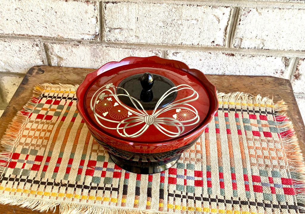 Vtg Musical Japanese Lacquered Dish | Music Box Cover Dish | Japan Lacquered Trinket Dish | Musical Japanese Lacquered Lidded Bowl