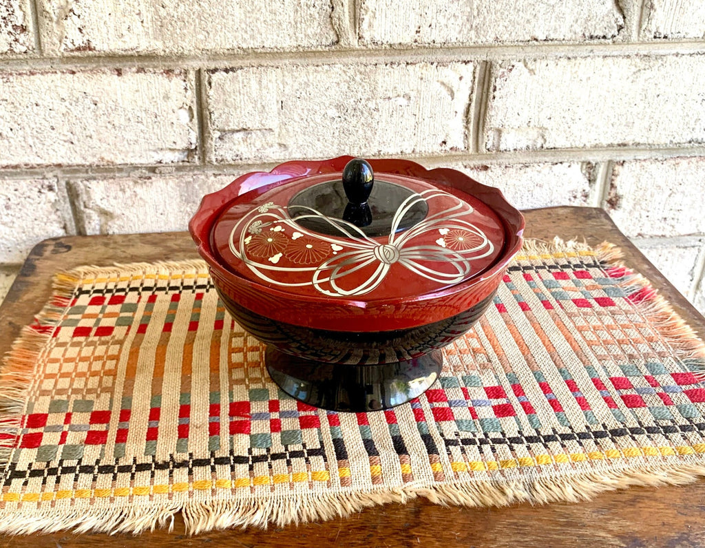 Vtg Musical Japanese Lacquered Dish | Music Box Cover Dish | Japan Lacquered Trinket Dish | Musical Japanese Lacquered Lidded Bowl