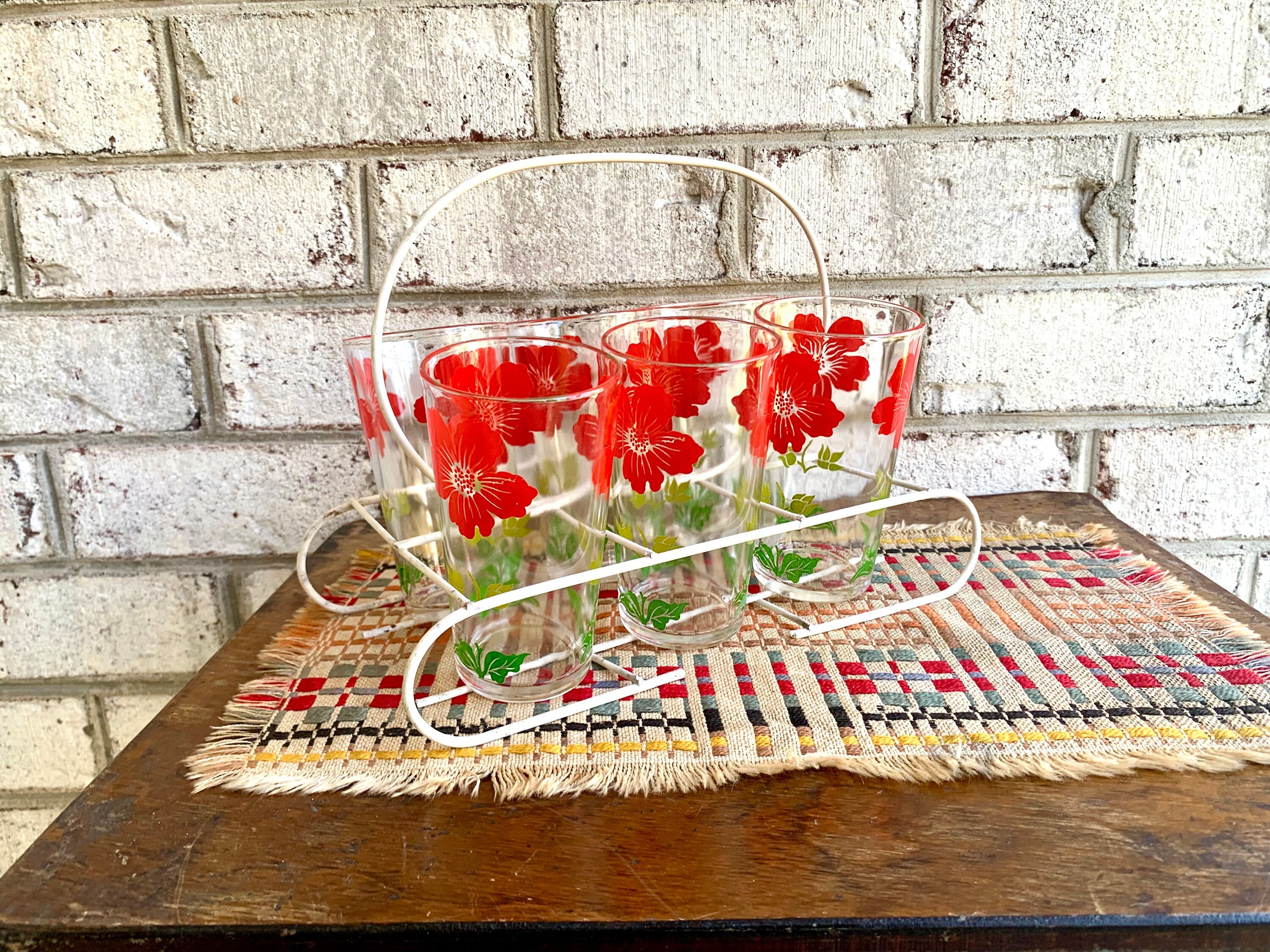 Vtg Set of 6 Floral Juice Glasses With Wire Caddy | Floral Drinking Glasses | 6 Juice Drinking Glasses | Wire Caddy with 6 Summer Glasses