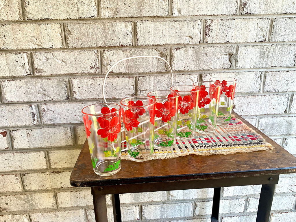Vtg Set of 6 Floral Juice Glasses With Wire Caddy | Floral Drinking Glasses | 6 Juice Drinking Glasses | Wire Caddy with 6 Summer Glasses