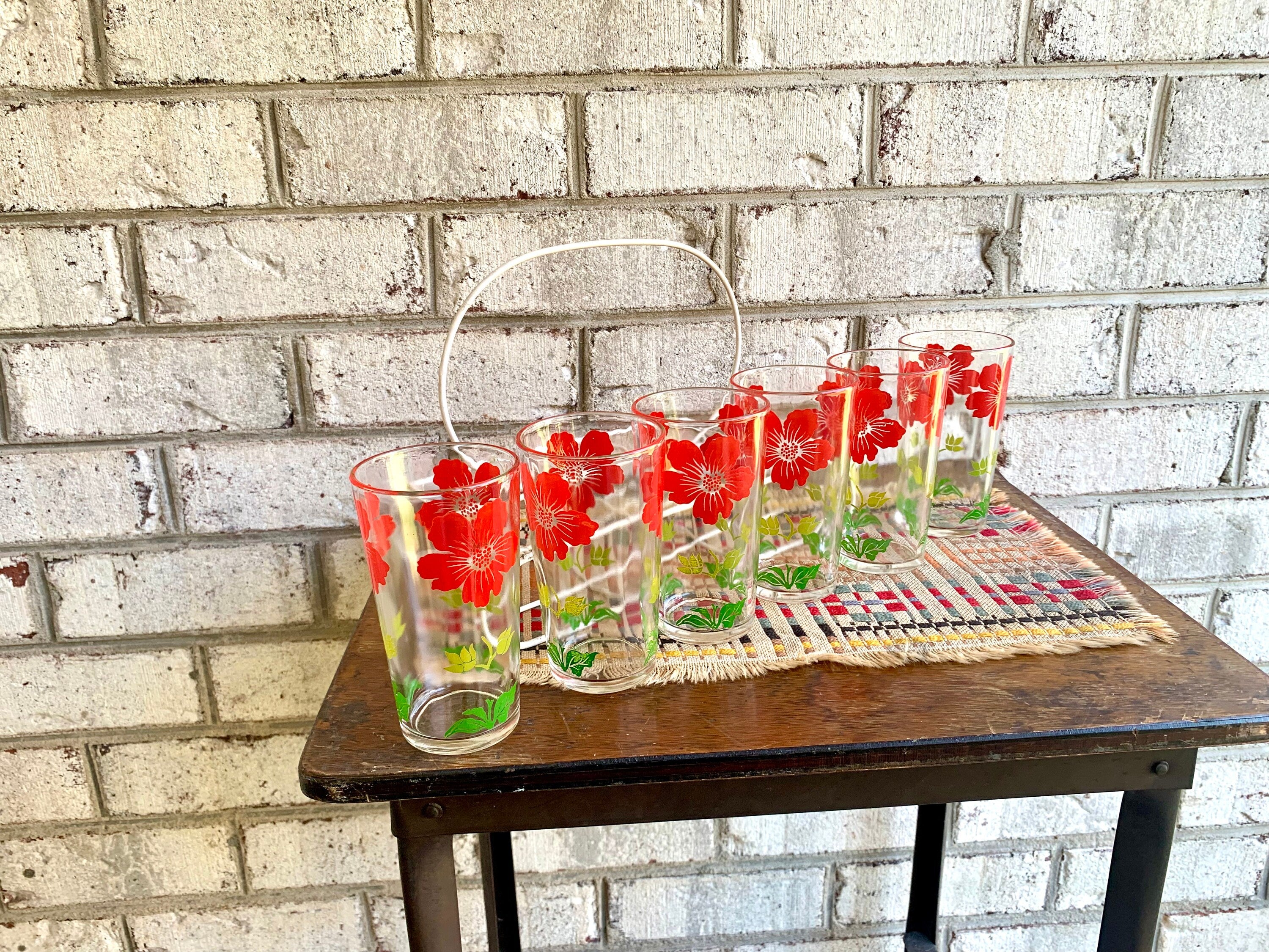 Vtg Set of 6 Floral Juice Glasses With Wire Caddy | Floral Drinking Glasses | 6 Juice Drinking Glasses | Wire Caddy with 6 Summer Glasses