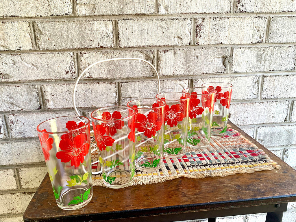 Vtg Set of 6 Floral Juice Glasses With Wire Caddy | Floral Drinking Glasses | 6 Juice Drinking Glasses | Wire Caddy with 6 Summer Glasses