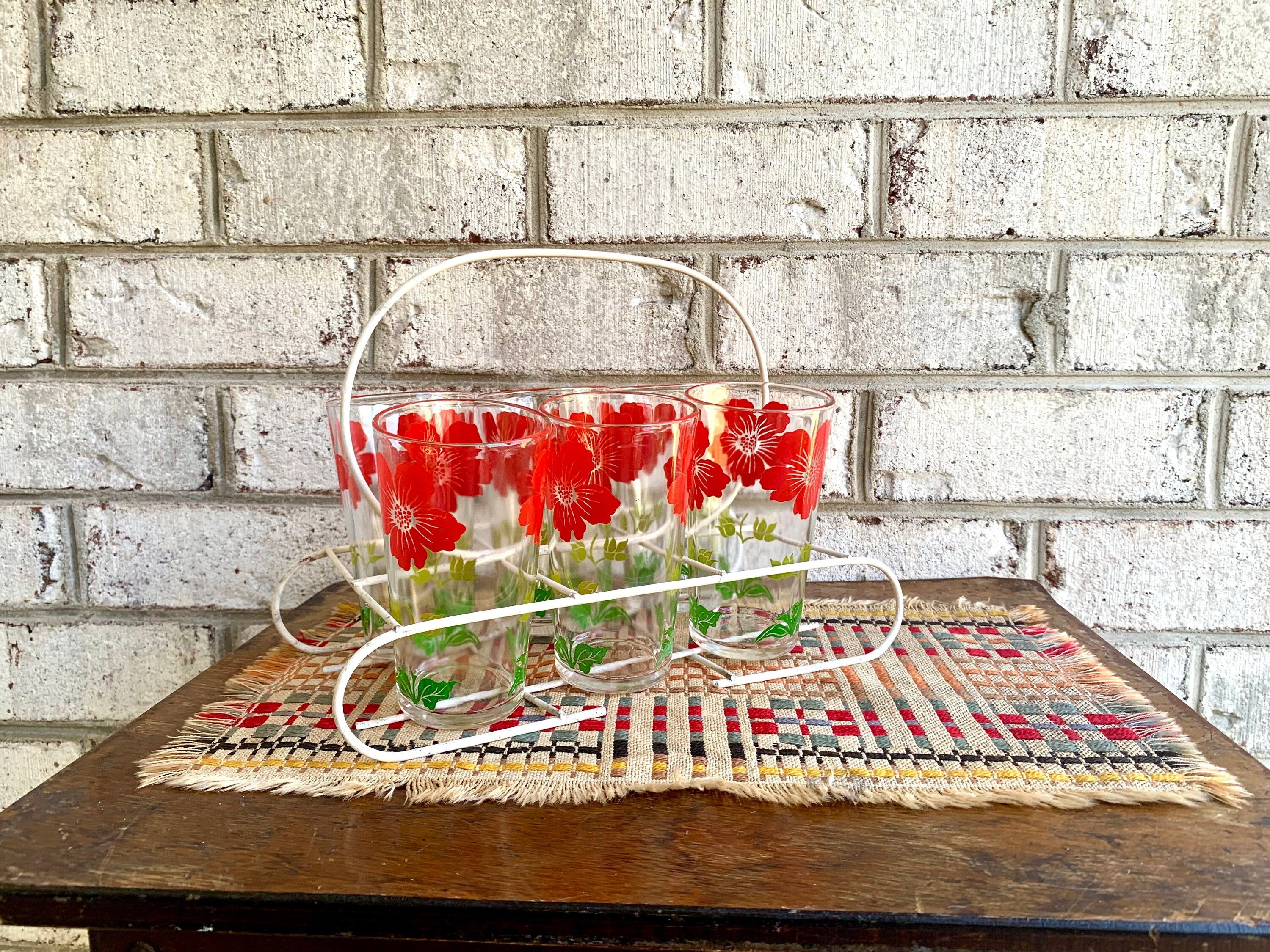 Vtg Set of 6 Floral Juice Glasses With Wire Caddy | Floral Drinking Glasses | 6 Juice Drinking Glasses | Wire Caddy with 6 Summer Glasses