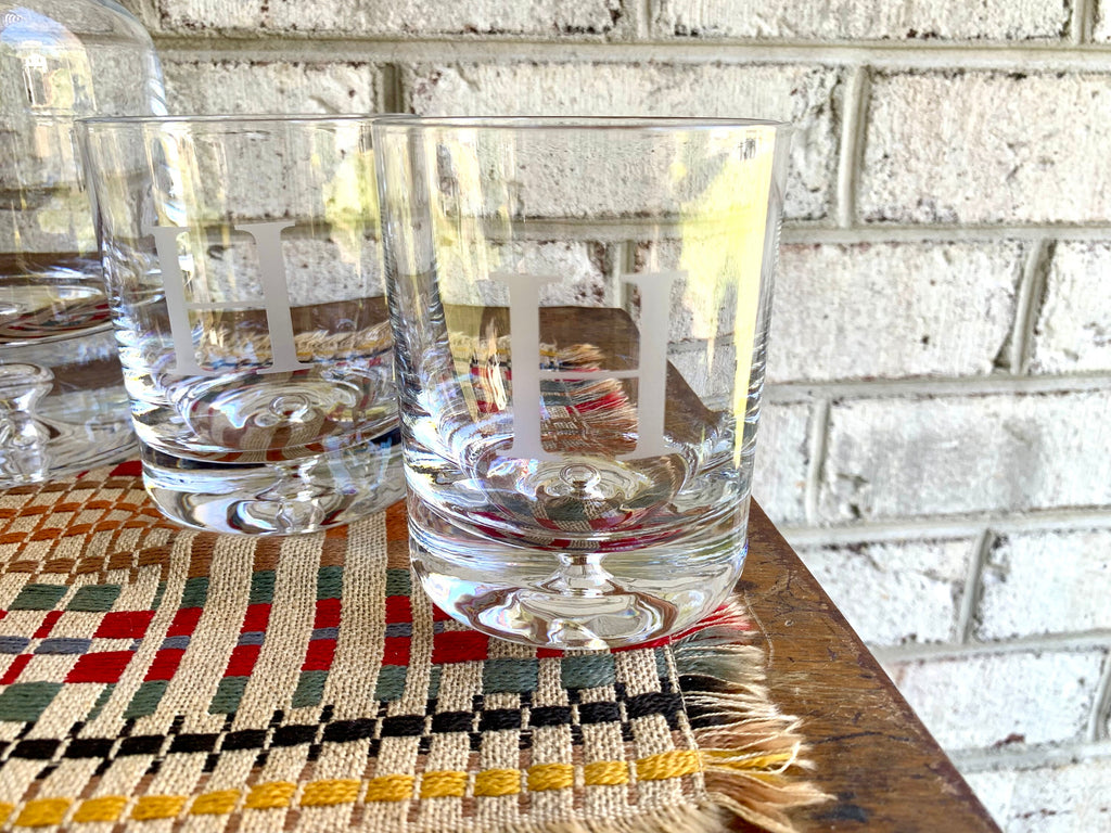 Vtg Ravescroft Crystal Bar Set | 4 Double Old Fashion Glasses and Decanter | Etched Letter "H" Bar Set | Bourbon Decanter and Glasses