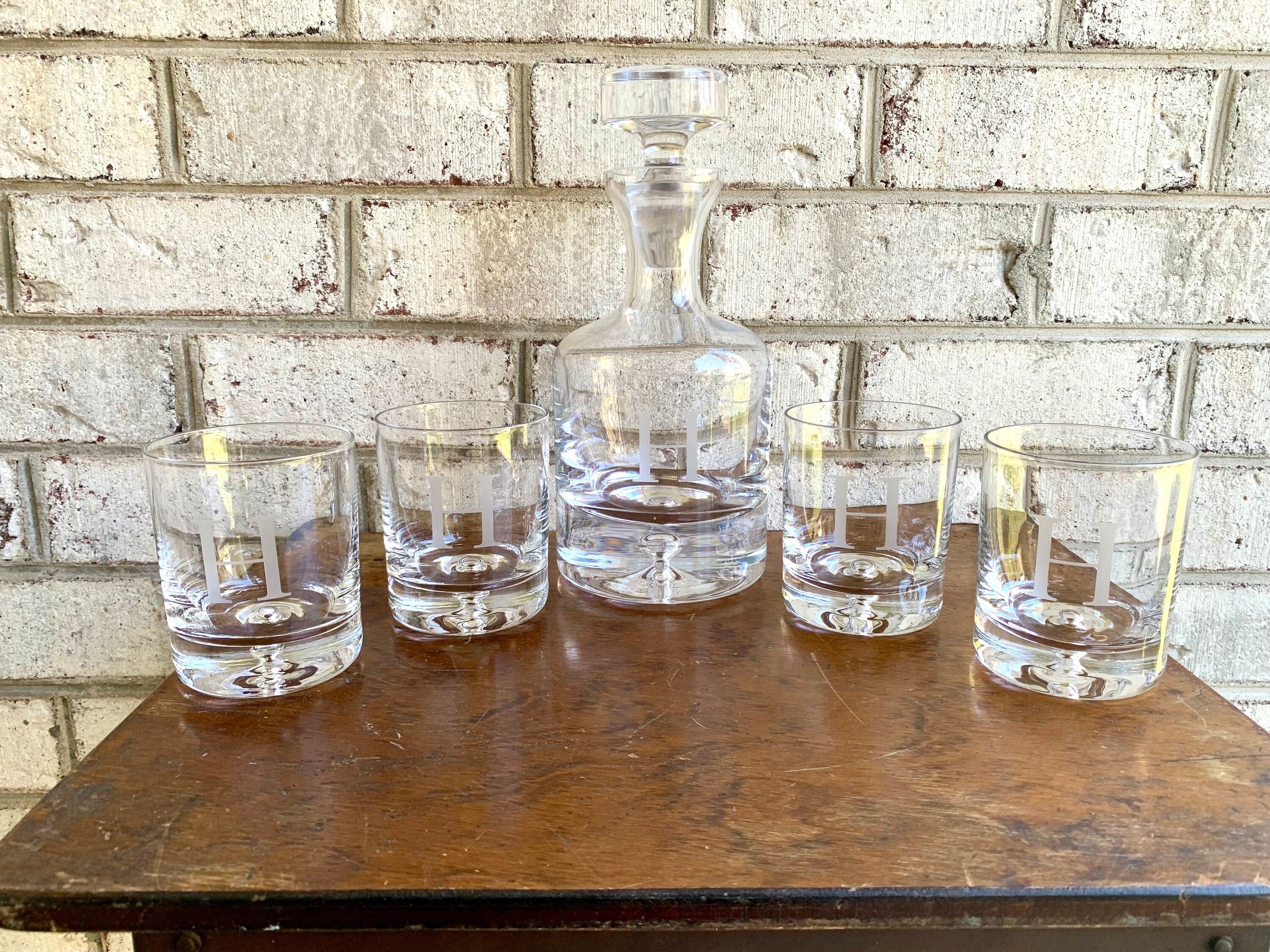 Vtg Ravescroft Crystal Bar Set | 4 Double Old Fashion Glasses and Decanter | Etched Letter "H" Bar Set | Bourbon Decanter and Glasses