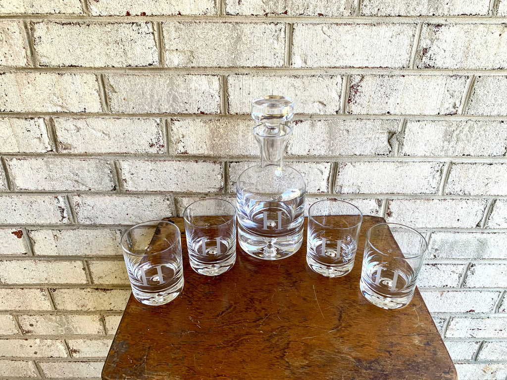 Vtg Ravescroft Crystal Bar Set | 4 Double Old Fashion Glasses and Decanter | Etched Letter "H" Bar Set | Bourbon Decanter and Glasses