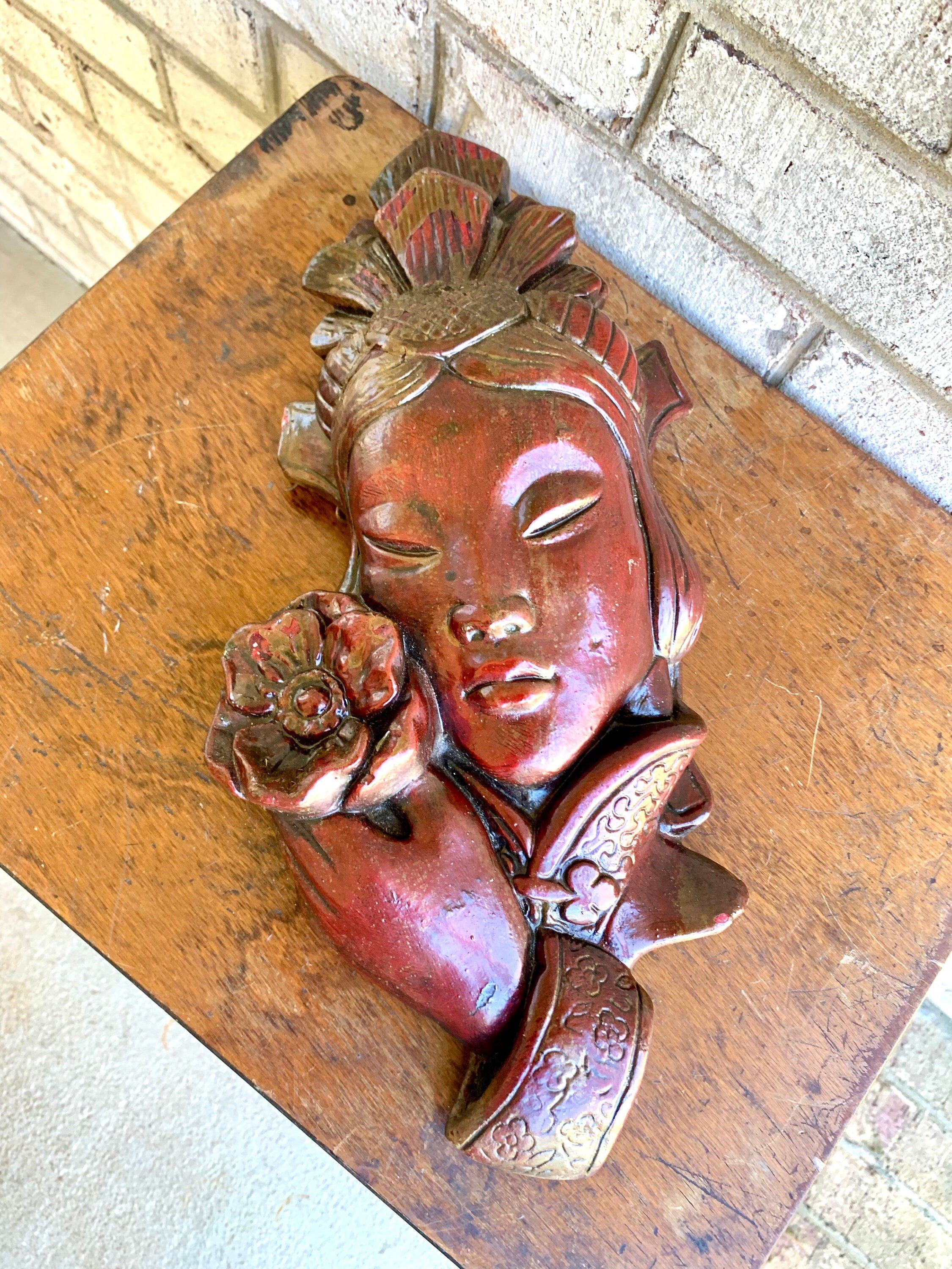 Large Japanese Geisha Wall Art | 16" Heavy Red Geisha Figurine Wall Hanging | Japanese Decor | Asian Geisha Figurine