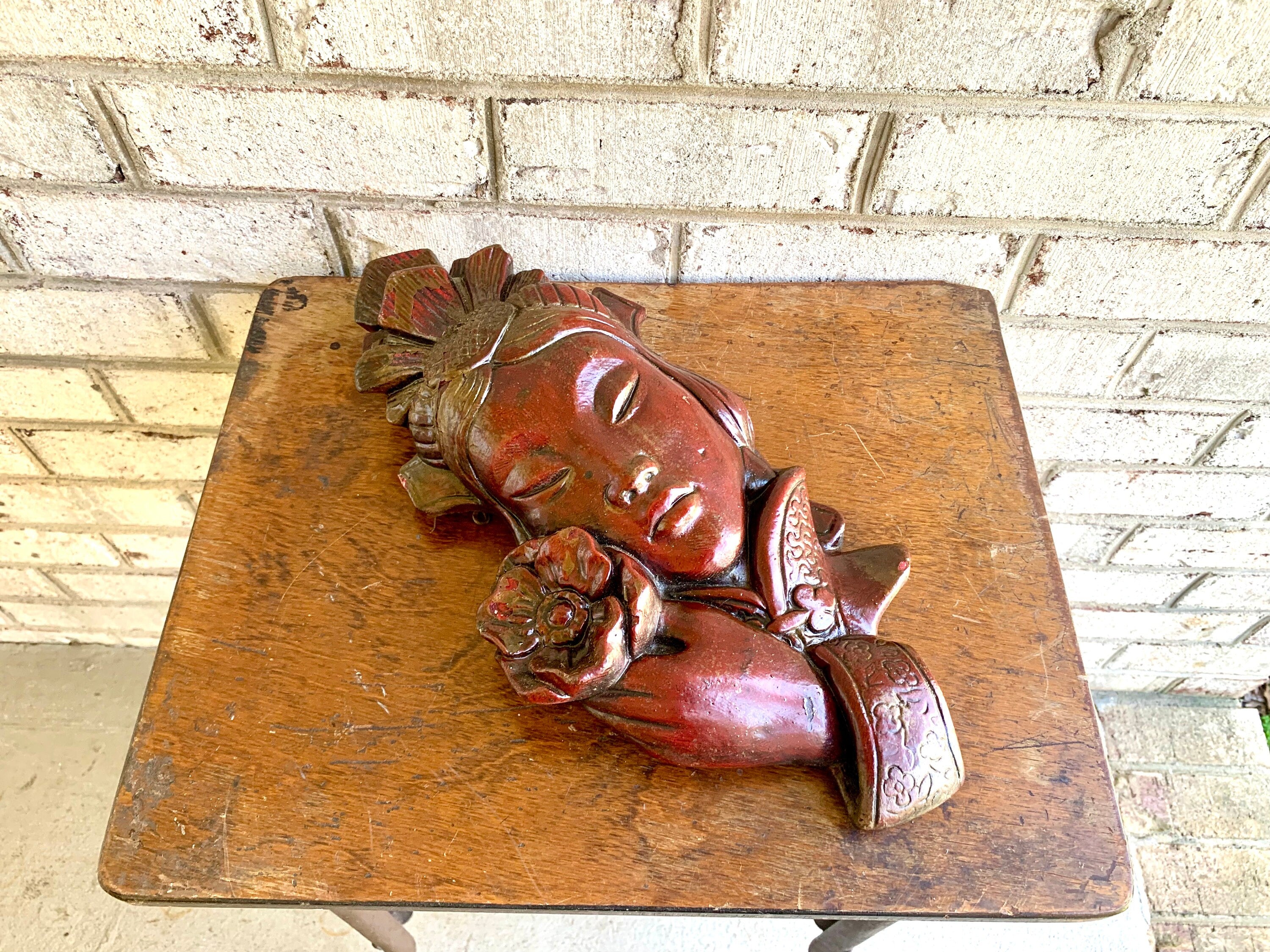Large Japanese Geisha Wall Art | 16" Heavy Red Geisha Figurine Wall Hanging | Japanese Decor | Asian Geisha Figurine