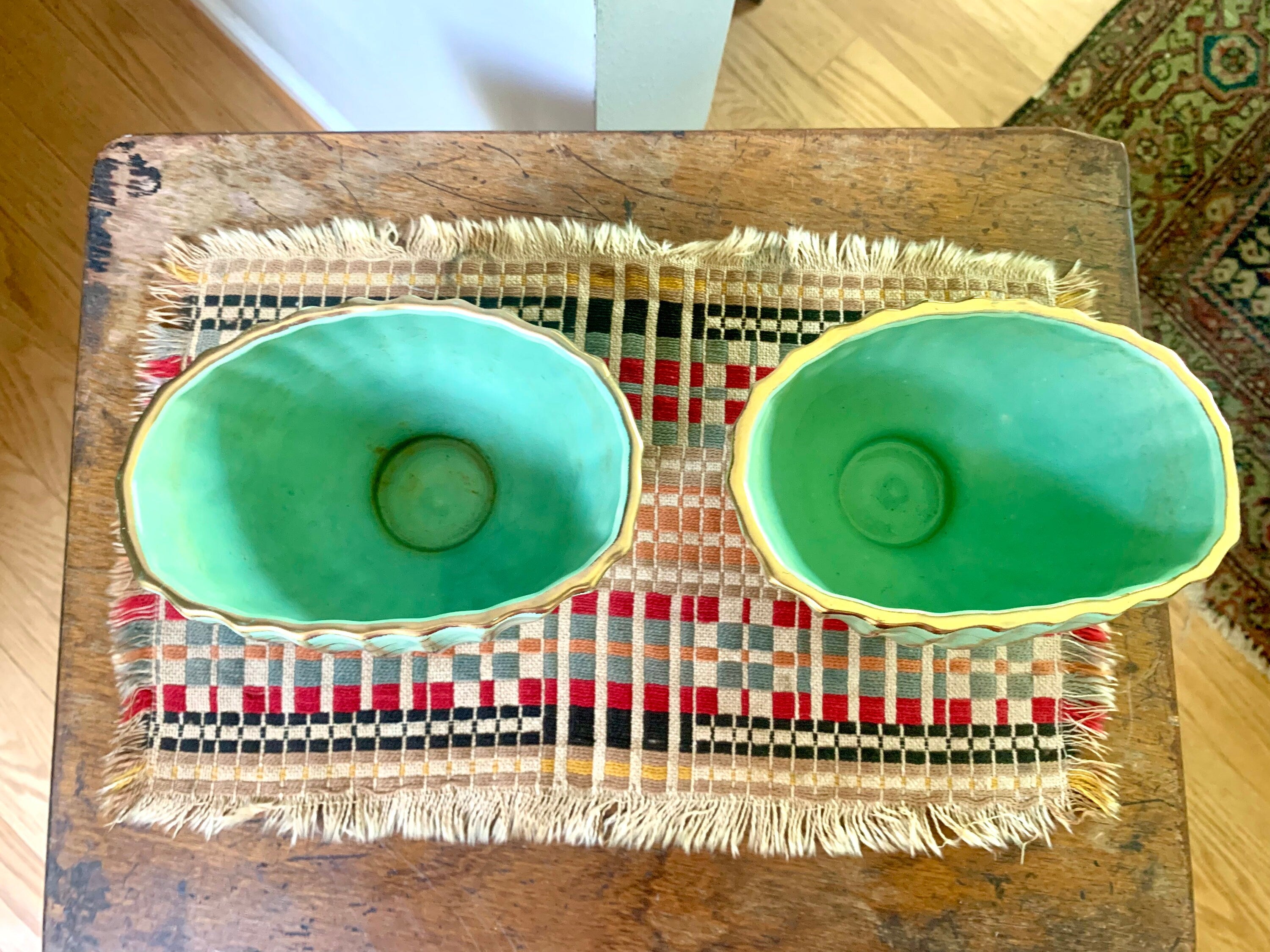 Vtg Pair of Hull Capri Green and Gold Footed Planter | Hull 45 Pottery | Capri and Gold Ribbed Pottery Planters | Hull 45 Pottery Vase