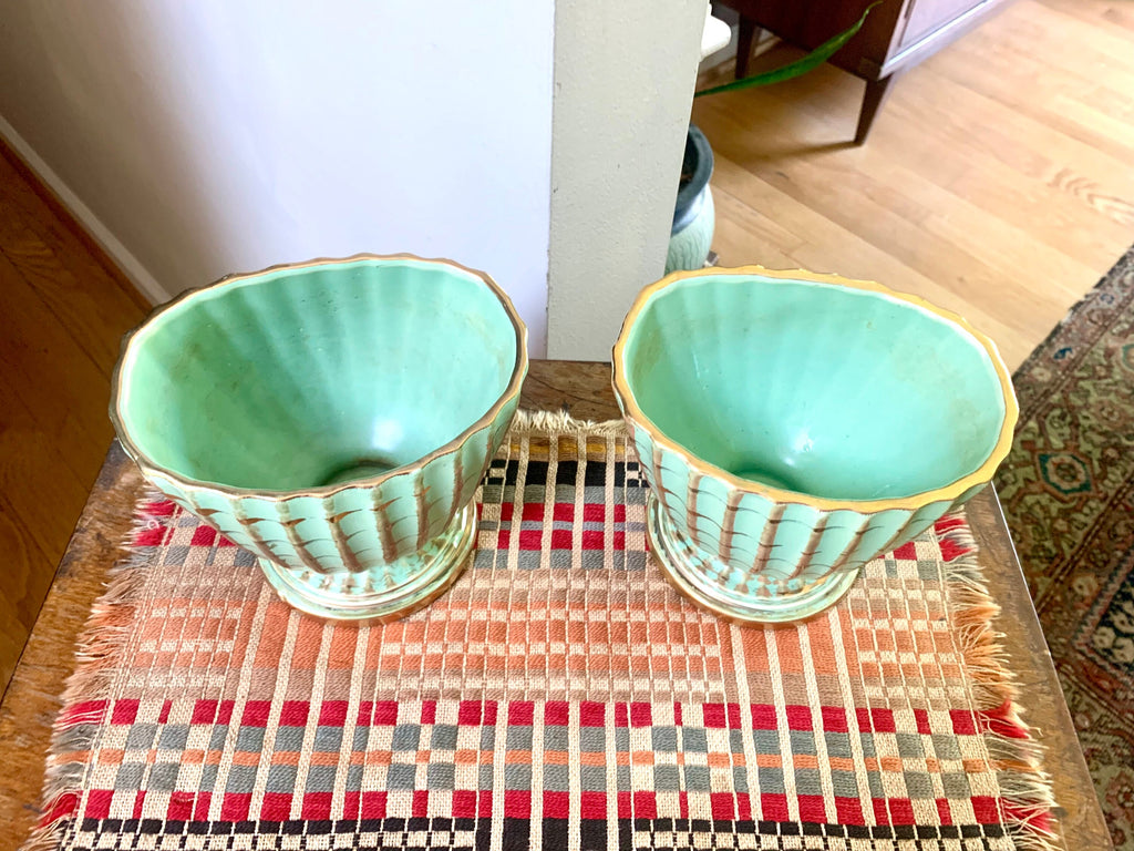 Vtg Pair of Hull Capri Green and Gold Footed Planter | Hull 45 Pottery | Capri and Gold Ribbed Pottery Planters | Hull 45 Pottery Vase
