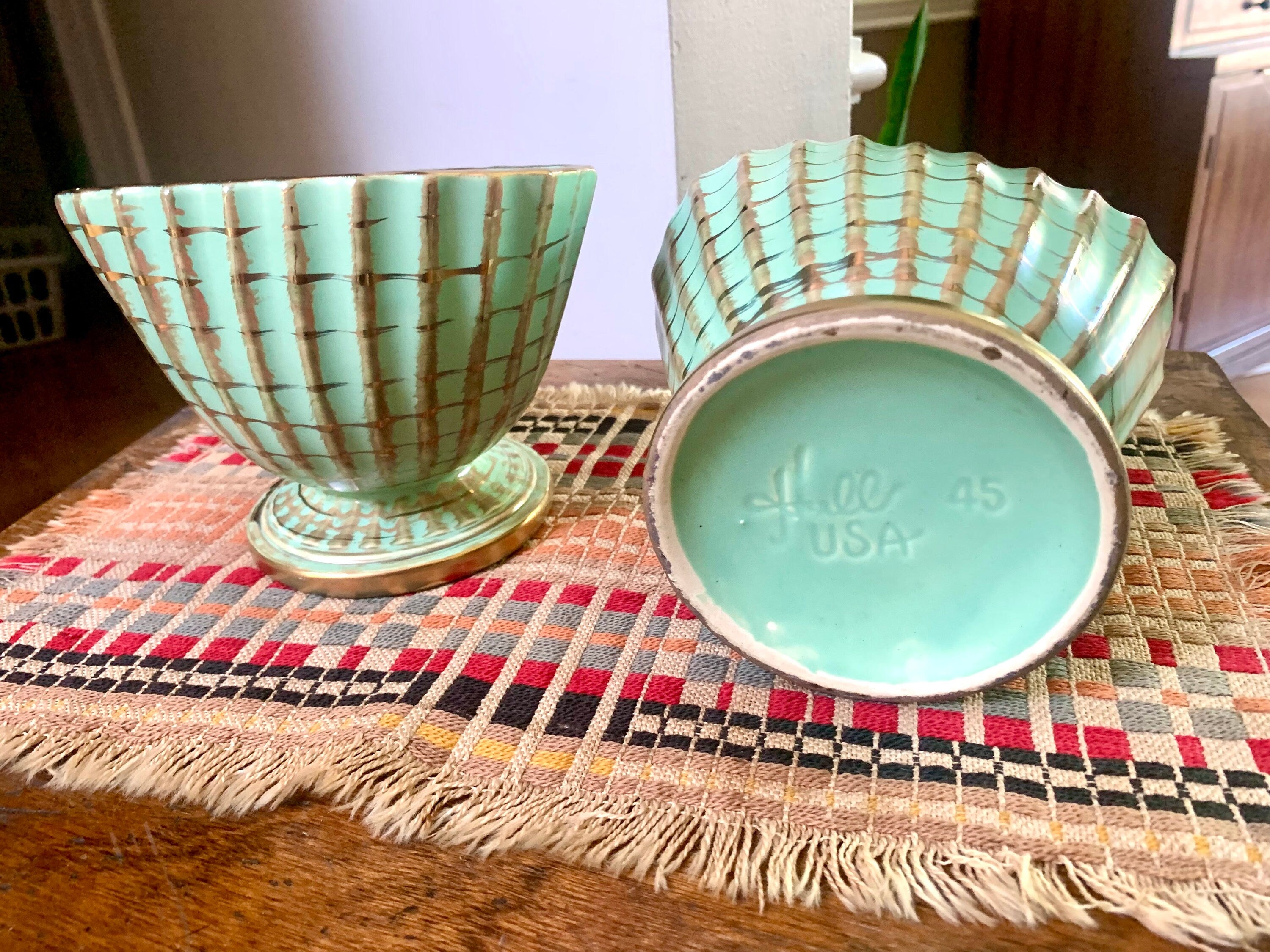 Vtg Pair of Hull Capri Green and Gold Footed Planter | Hull 45 Pottery | Capri and Gold Ribbed Pottery Planters | Hull 45 Pottery Vase