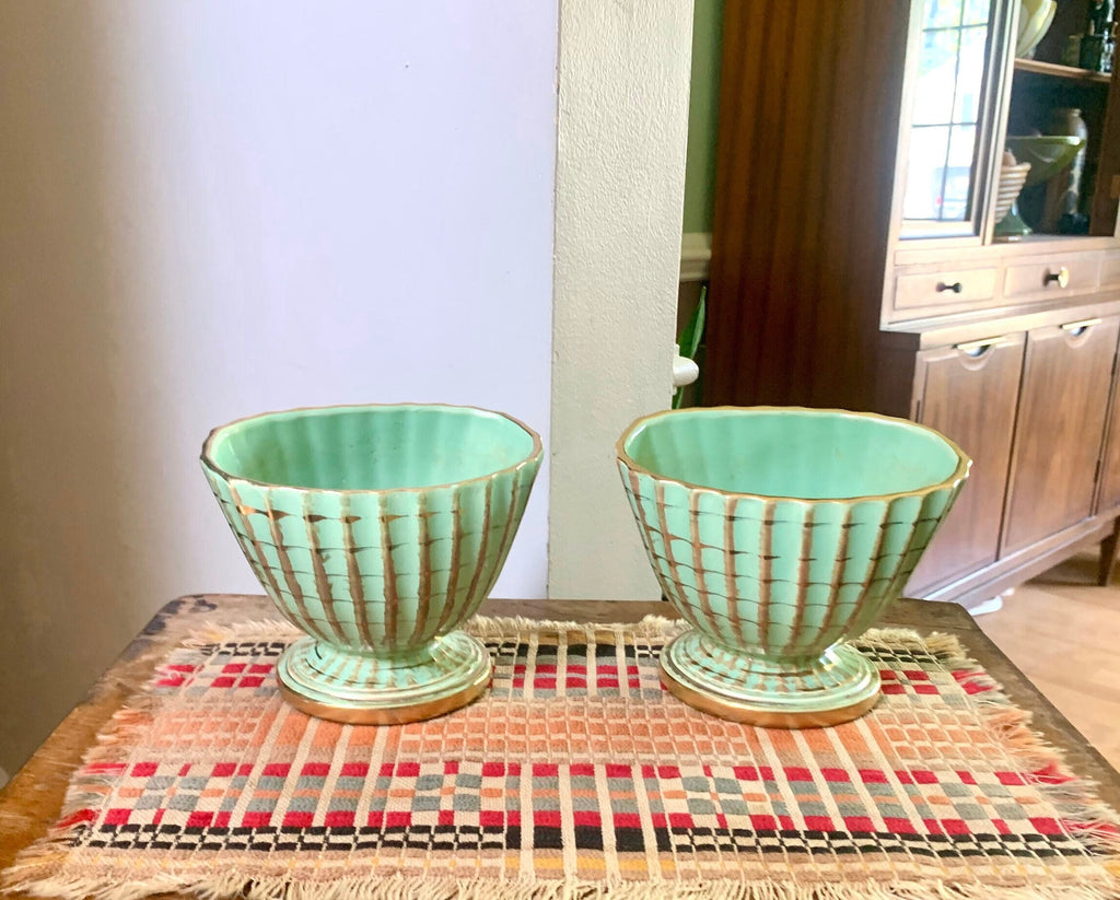 Vtg Pair of Hull Capri Green and Gold Footed Planter | Hull 45 Pottery | Capri and Gold Ribbed Pottery Planters | Hull 45 Pottery Vase