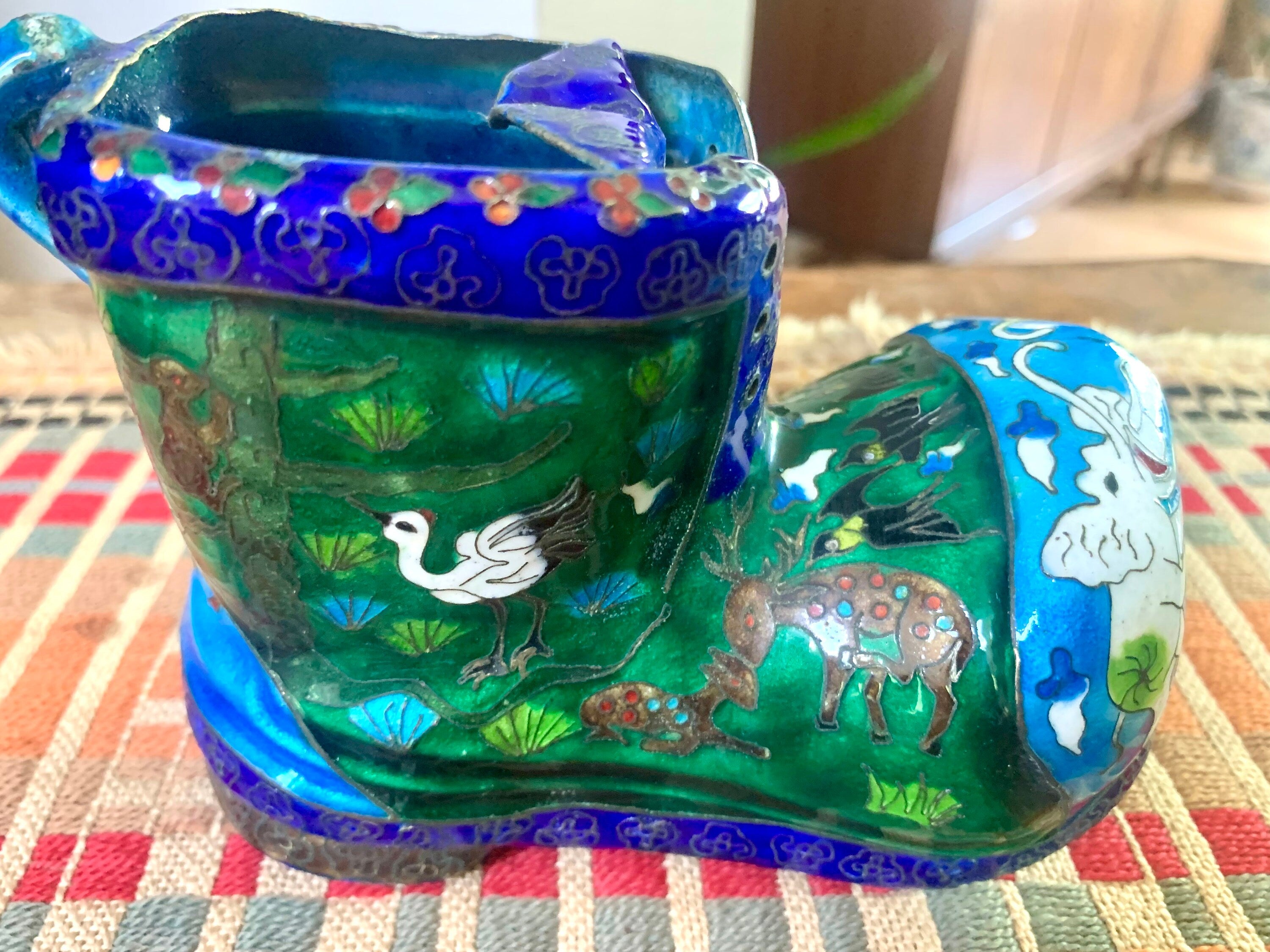 Vtg Chinese Brass Cloisonne Boot Ashtray | Decorative Cloisonne Boot Ashtray | Brass Boot Ashtray | Asian Cloisonne Ashtray