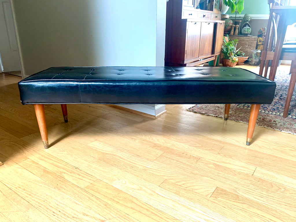 Vtg Original Herman Chairs Inc. Bench | Black MCM Vinyl Bench | Black Tufted Bench | Milo Baughman Style Bench | Unrestored MCM Bench