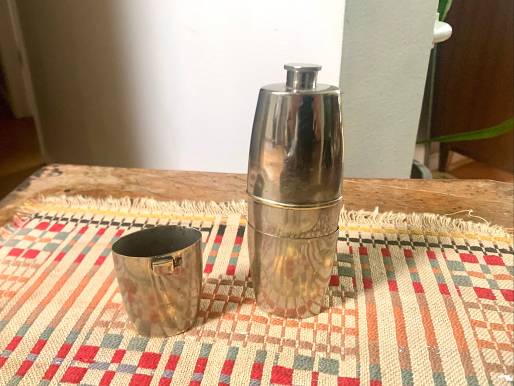 Antique Unique French Metal Flask With Cups | Made In France Distressed Flask | Rustic French Flask | Unique Flask