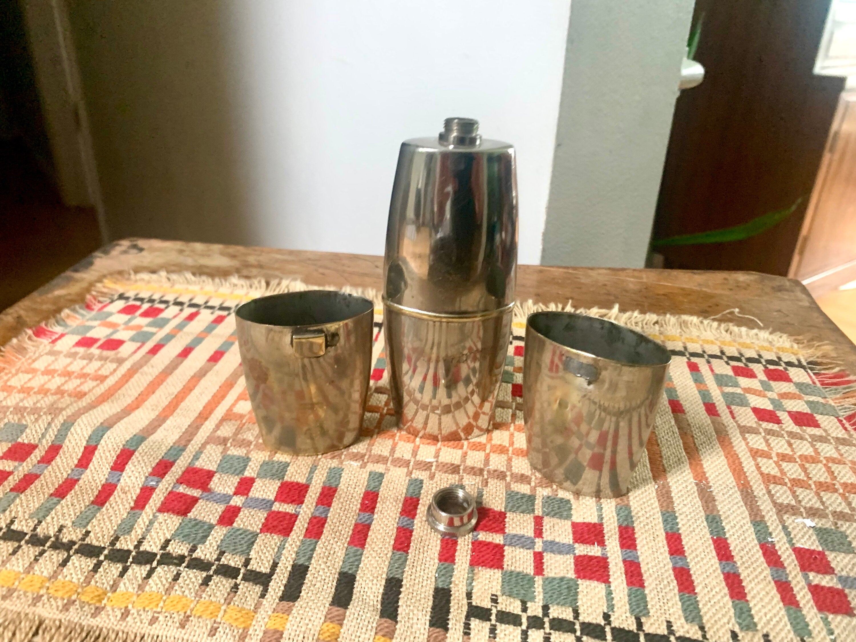 Antique Unique French Metal Flask With Cups | Made In France Distressed Flask | Rustic French Flask | Unique Flask